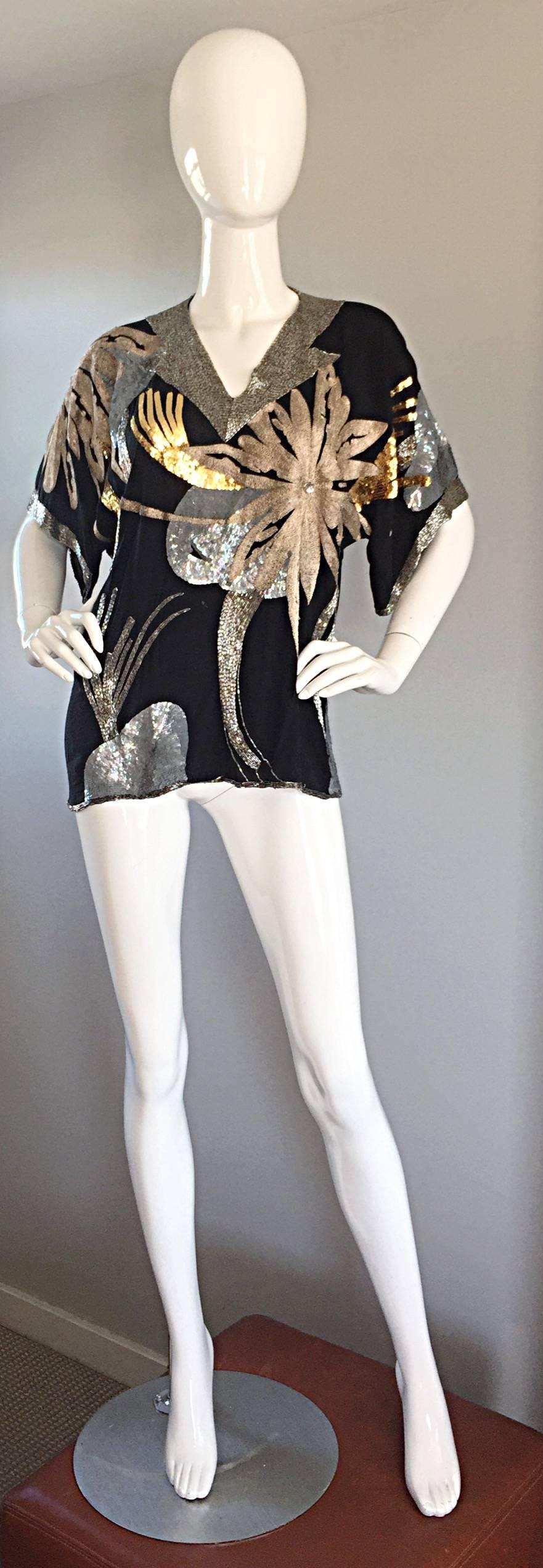 Out-of-this-world vintage CONCETTA RAFANELLO, for St. Martin, black silk top! Incredible amount of detail, with thousands of hand-sewn sequins, beads, and rhinestones throughout the front, back, and sleeves! Hand-sewn silk embroidery scattered