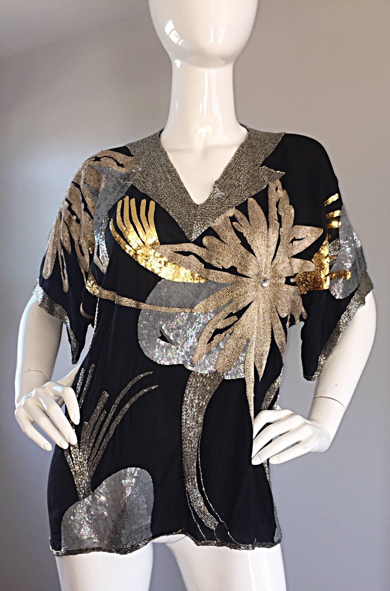 Spectacular Vintage Concetta Rafanello Black Silk Sequin Sequin Beaded Blouse In Excellent Condition In San Diego, CA