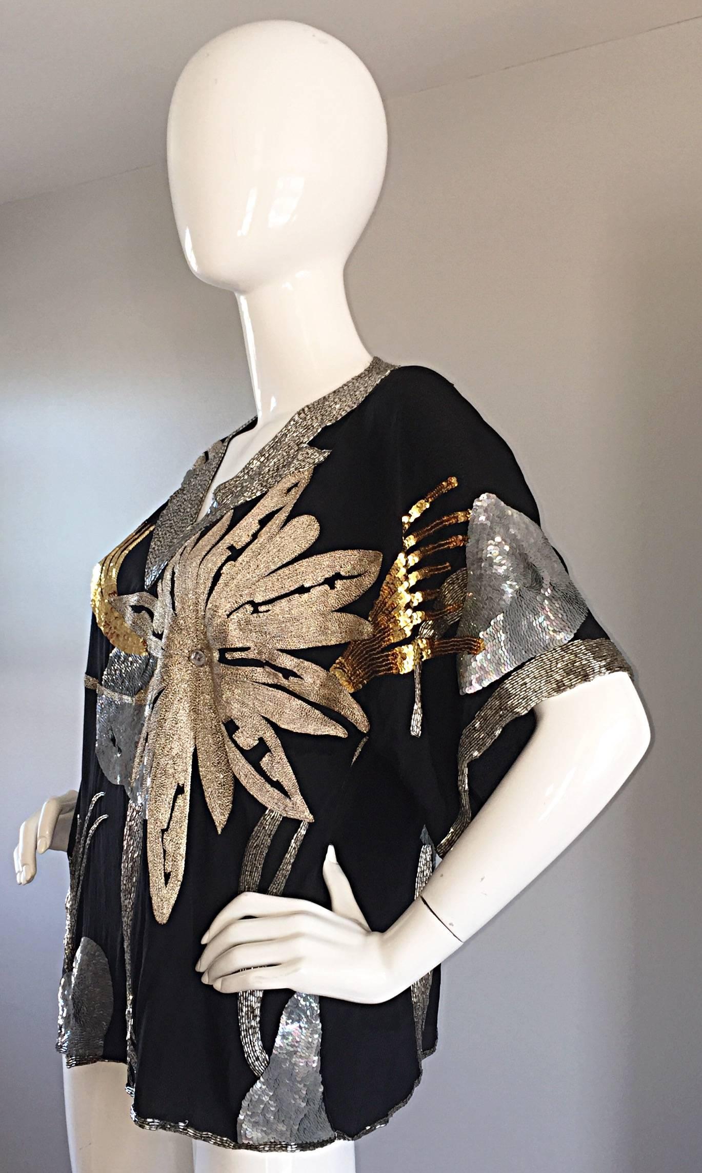Spektakuläre Vintage Concetta Rafanello Schwarz Seide Pailletten Pailletten Bluse 3