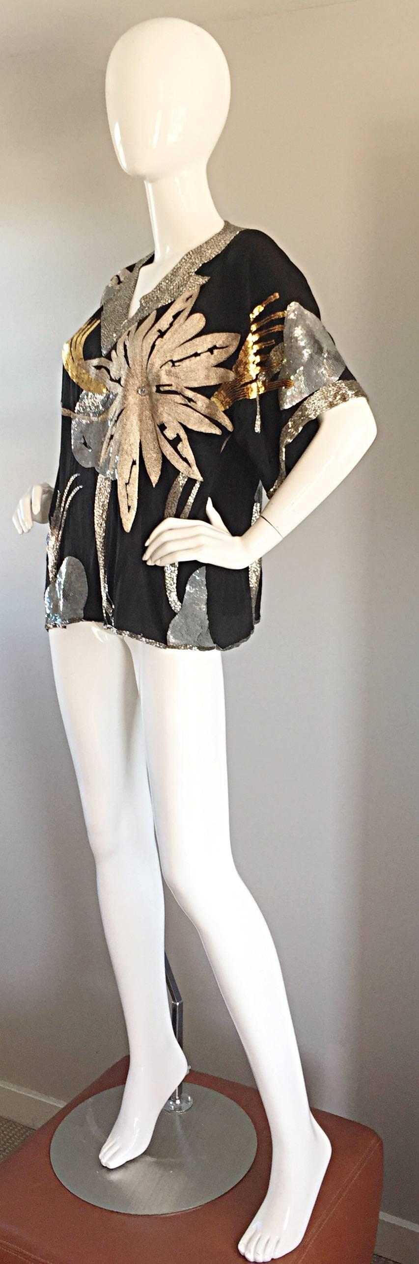 Spektakuläre Vintage Concetta Rafanello Schwarz Seide Pailletten Pailletten Bluse 2