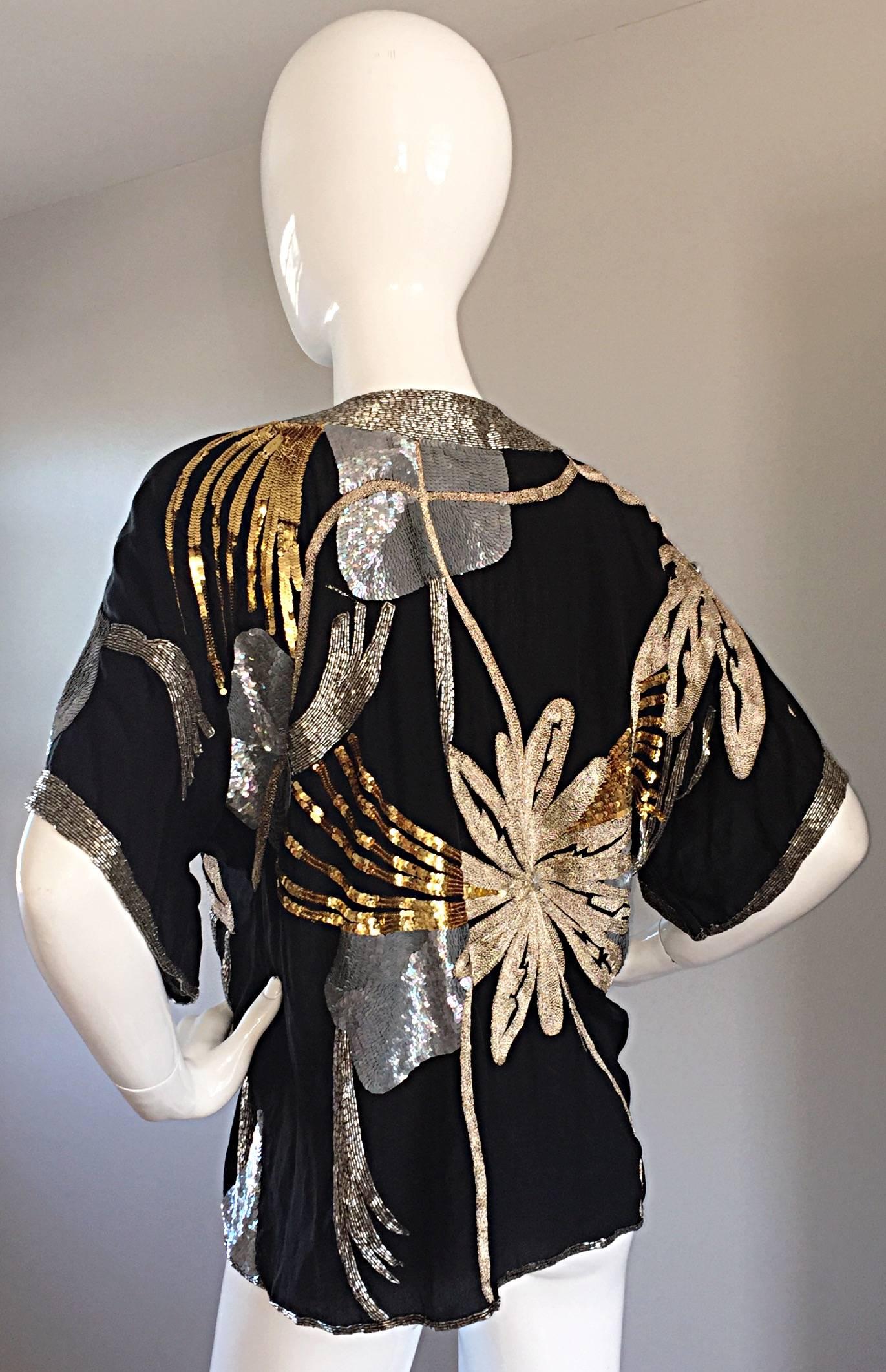 Spectacular Vintage Concetta Rafanello Black Silk Sequin Sequin Beaded Blouse 5