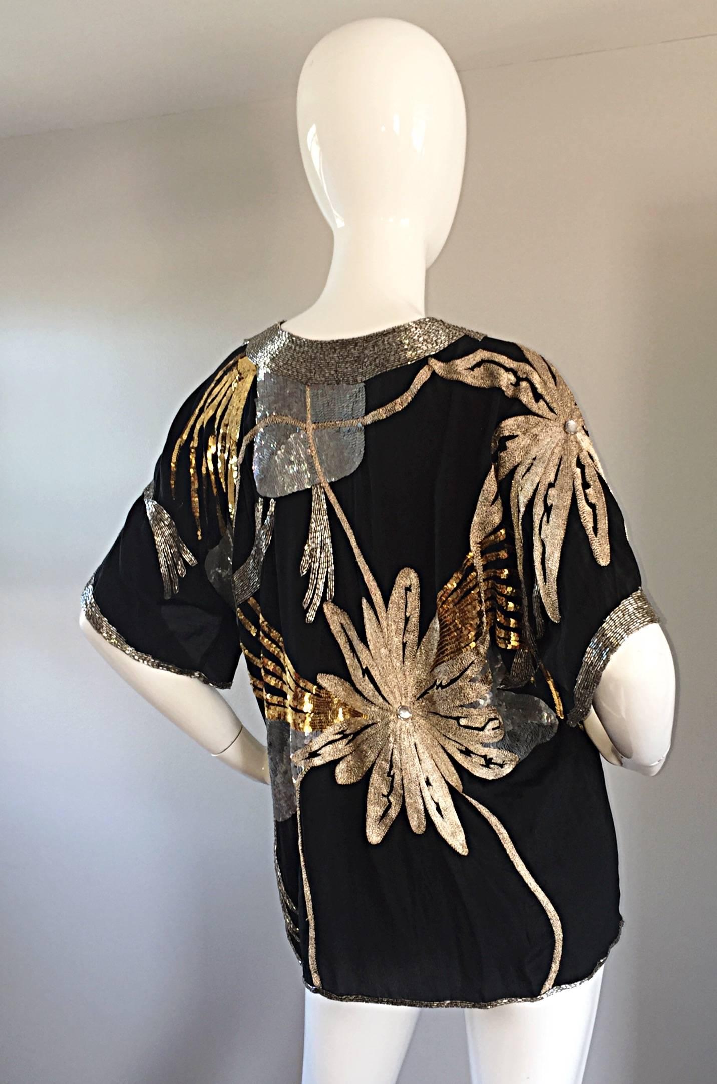 Spektakuläre Vintage Concetta Rafanello Schwarz Seide Pailletten Pailletten Bluse Damen