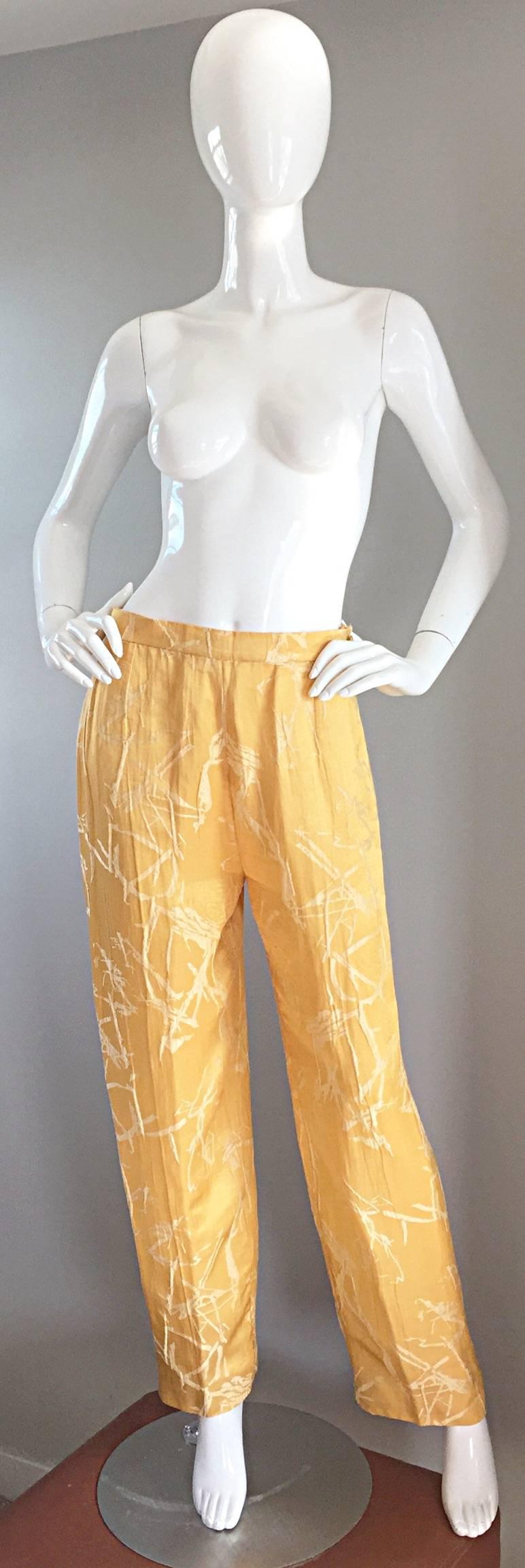 Vintage Christian Lacroix Silk Shantung Golden Yellow Oriental Wide Leg Pants In Excellent Condition For Sale In San Diego, CA