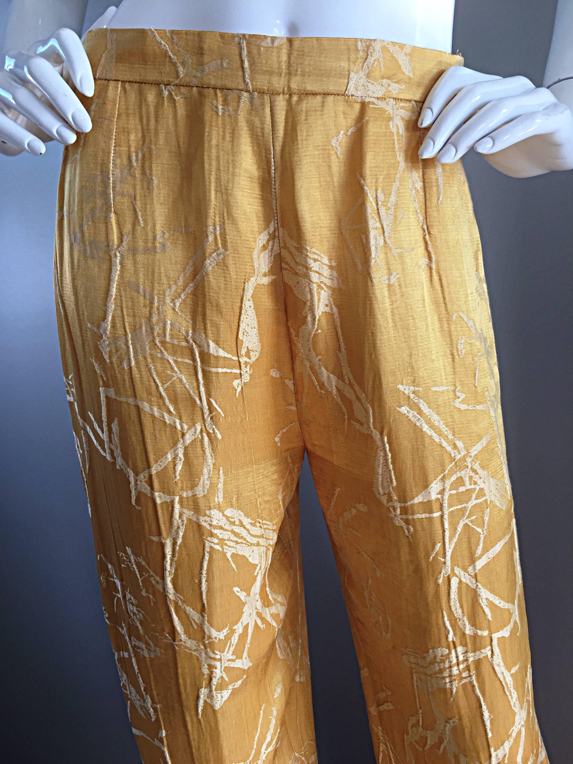Vintage Christian Lacroix Silk Shantung Golden Yellow Oriental Wide Leg Pants For Sale 1