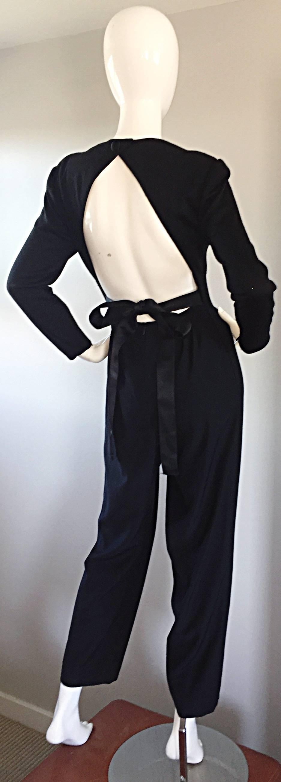 Rare Vintage Geoffrey Beene ' Open Back ' Black Long Sleeve Jumpsuit Onesie In Excellent Condition In San Diego, CA
