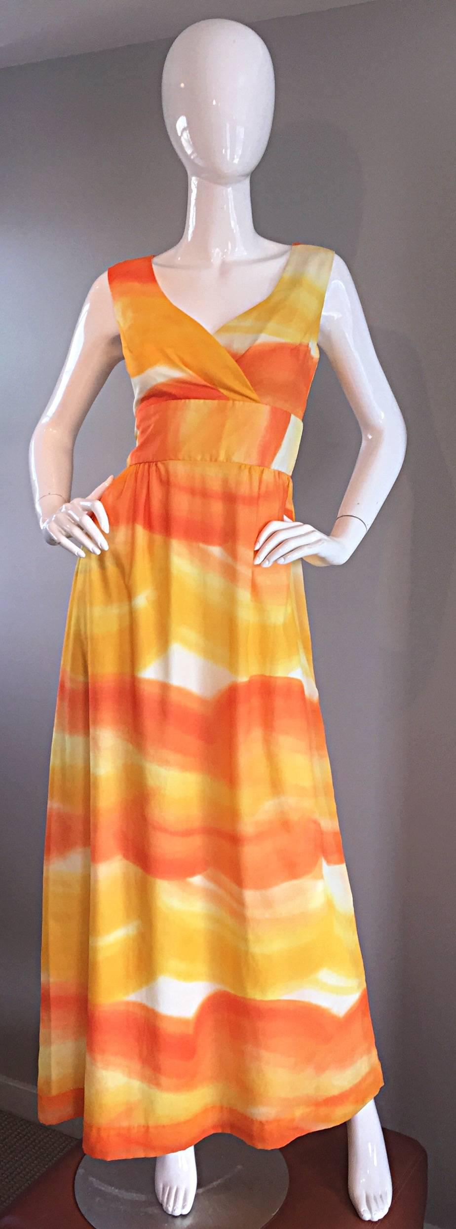 1970s Bullocks Wilshire Orange + Yellow + White Watercolor 70s Silk Maxi Dress In Excellent Condition In San Diego, CA