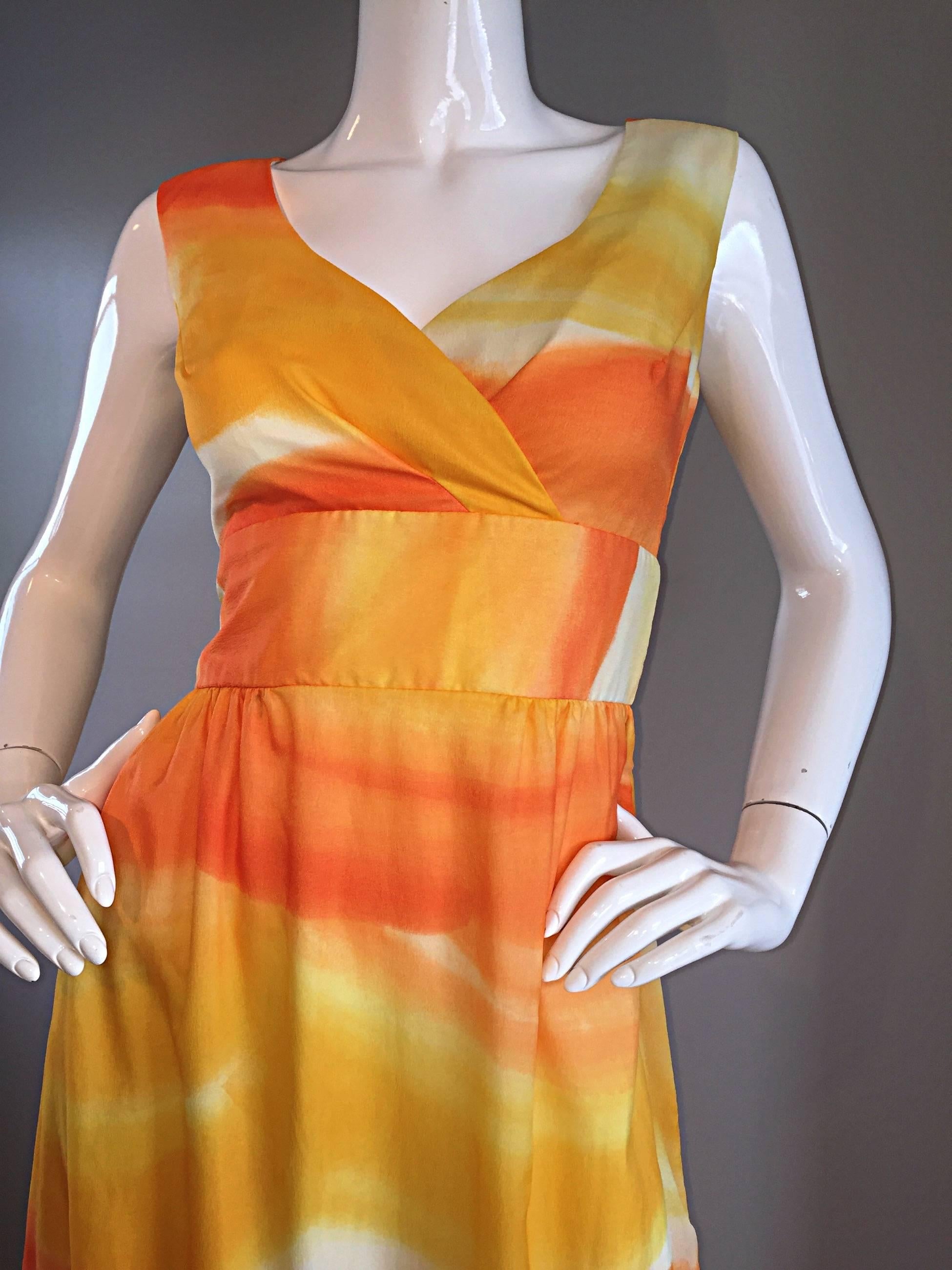 1970s Bullocks Wilshire Orange + Yellow + White Watercolor 70s Silk Maxi Dress 1