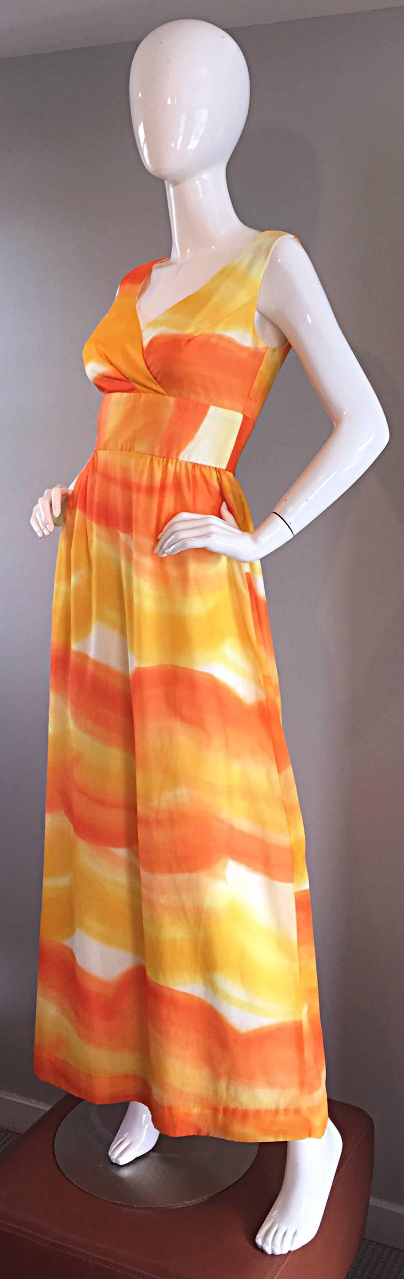 Wonderful 1970s BULLOCKS WILSHIRE silk vintage maxi dress! Vibrant hues of orange, yellow, and white patterned in 'watercolor' like swirls throughout. Flattering cut, with an incredible print! Fully lined in what feels like a lightweight cotton.