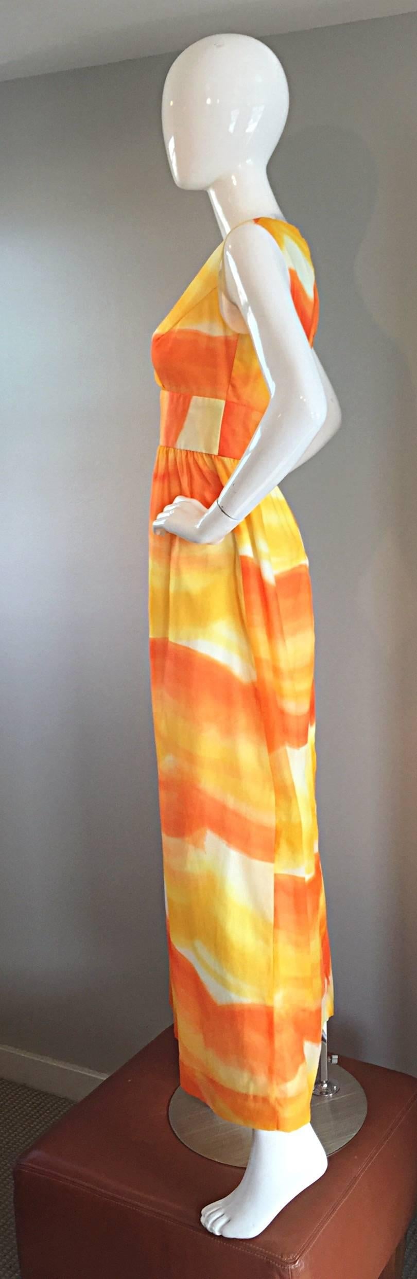 1970s Bullocks Wilshire Orange + Yellow + White Watercolor 70s Silk Maxi Dress 2