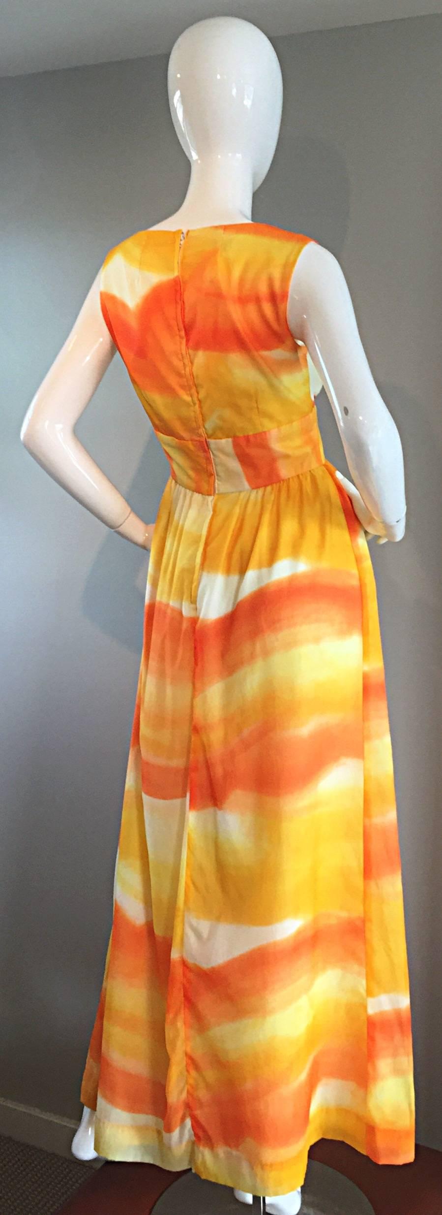 1970s Bullocks Wilshire Orange + Yellow + White Watercolor 70s Silk Maxi Dress 3