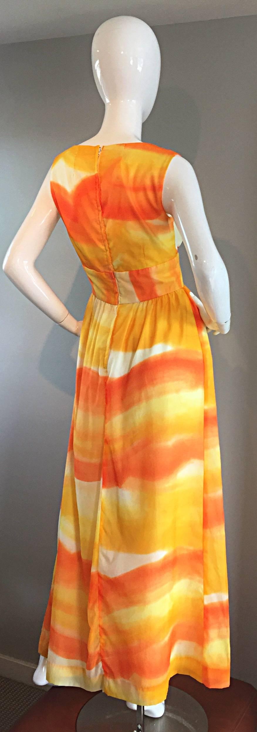 Women's or Men's 1970s Bullocks Wilshire Orange + Yellow + White Watercolor 70s Silk Maxi Dress