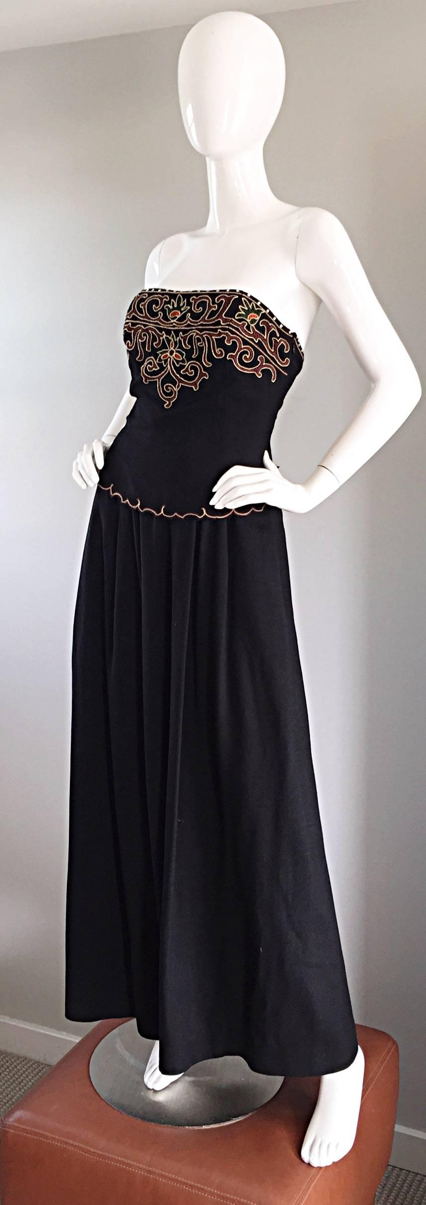 Exceptional Vintage Pierre Balmain Black Strapless Jumpsuit w/ Regal Embroidery For Sale 1