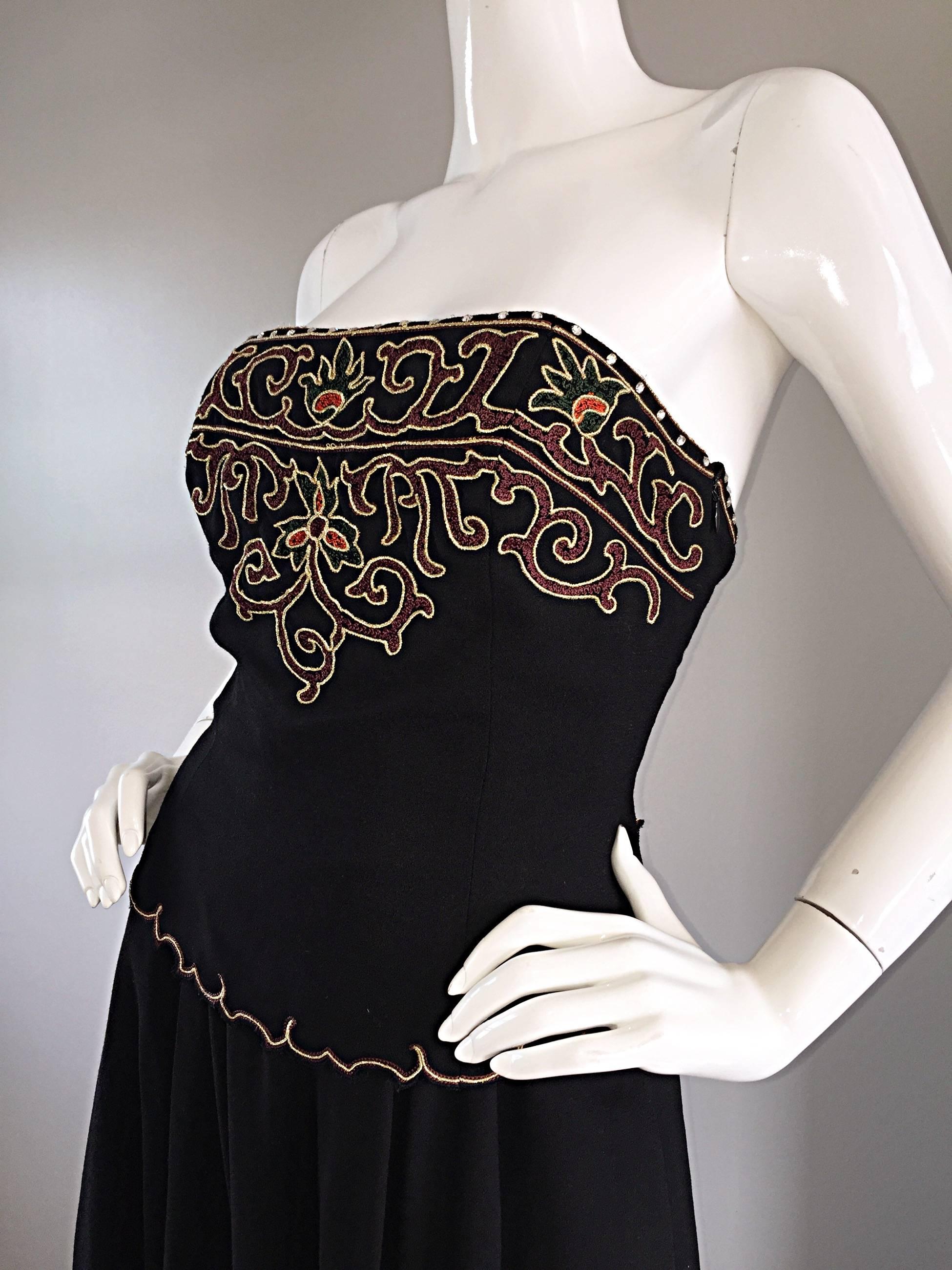 Women's Exceptional Vintage Pierre Balmain Black Strapless Jumpsuit w/ Regal Embroidery  For Sale