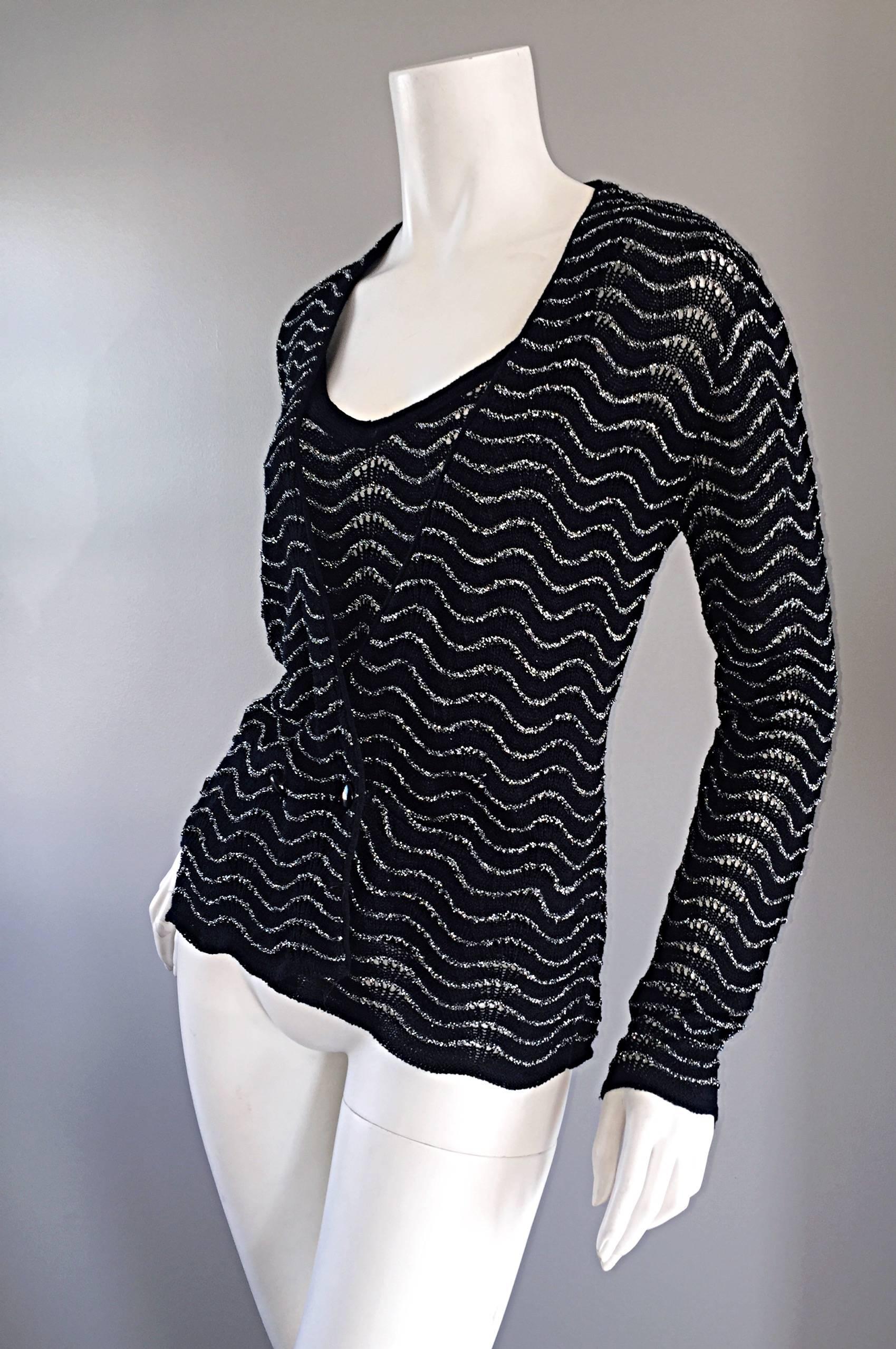 Women's 1970s Diane Von Furstenberg Black and Silver Crochet Cardigan and Cami 70s Set For Sale