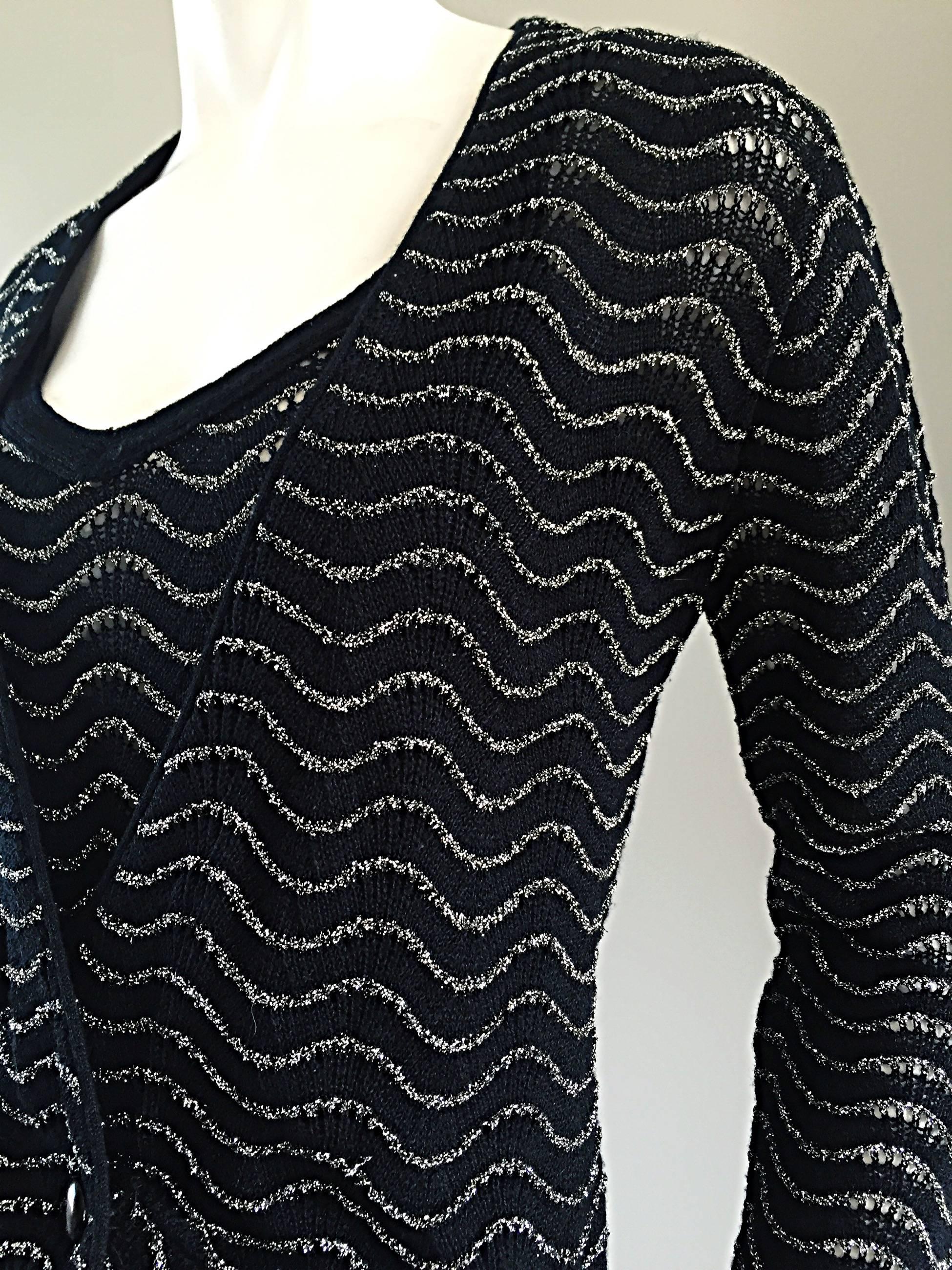 1970s Diane Von Furstenberg Black and Silver Crochet Cardigan and Cami 70s Set For Sale 2