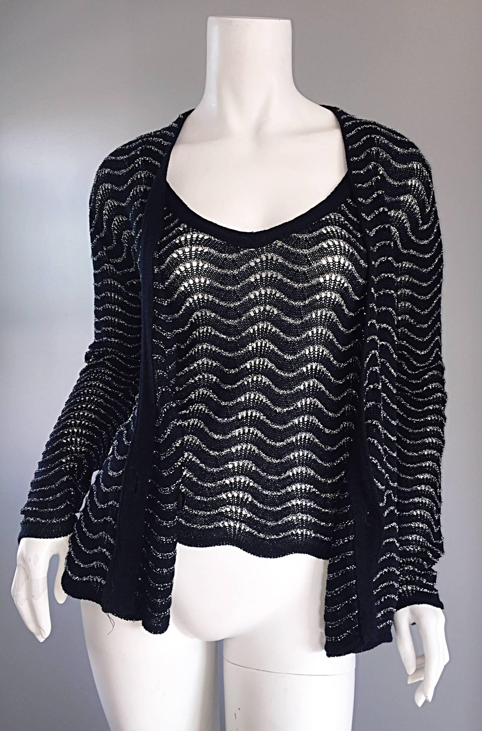 1970s Diane Von Furstenberg Black and Silver Crochet Cardigan and Cami 70s Set For Sale 1
