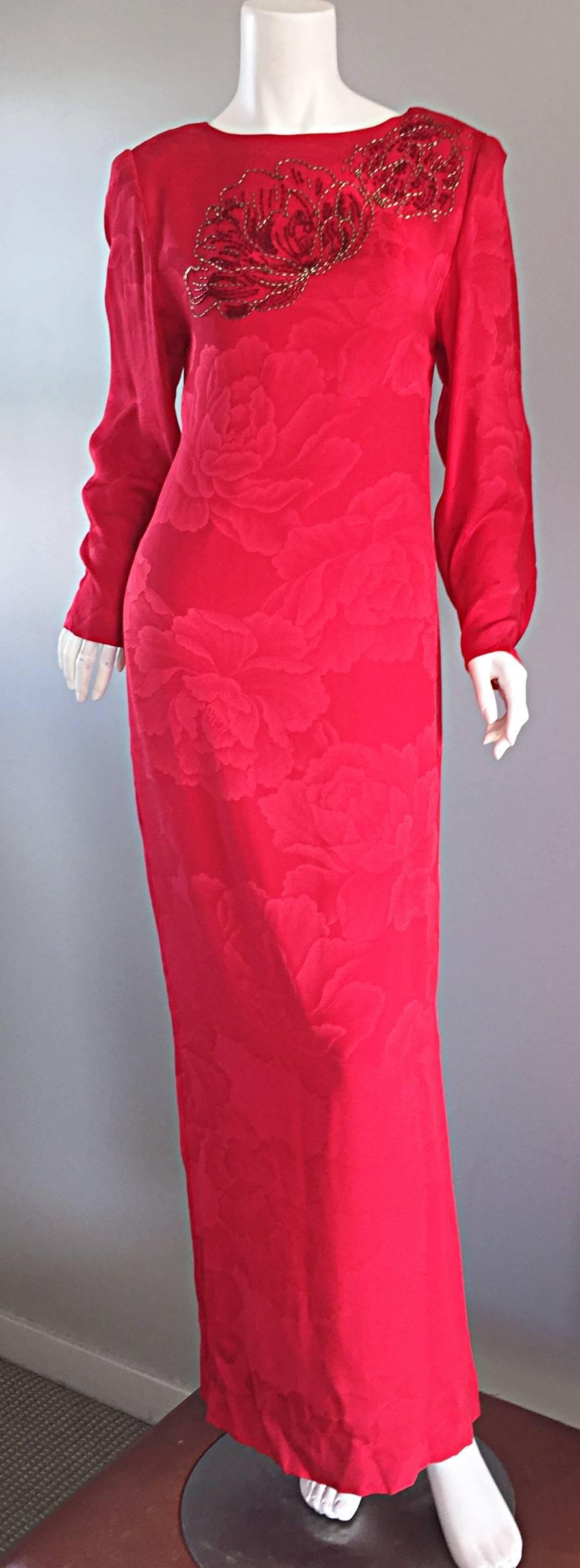 Beautiful Vintage Hanae Mori Lipstick Red Silk Beaded Floral Dress / Gown 1