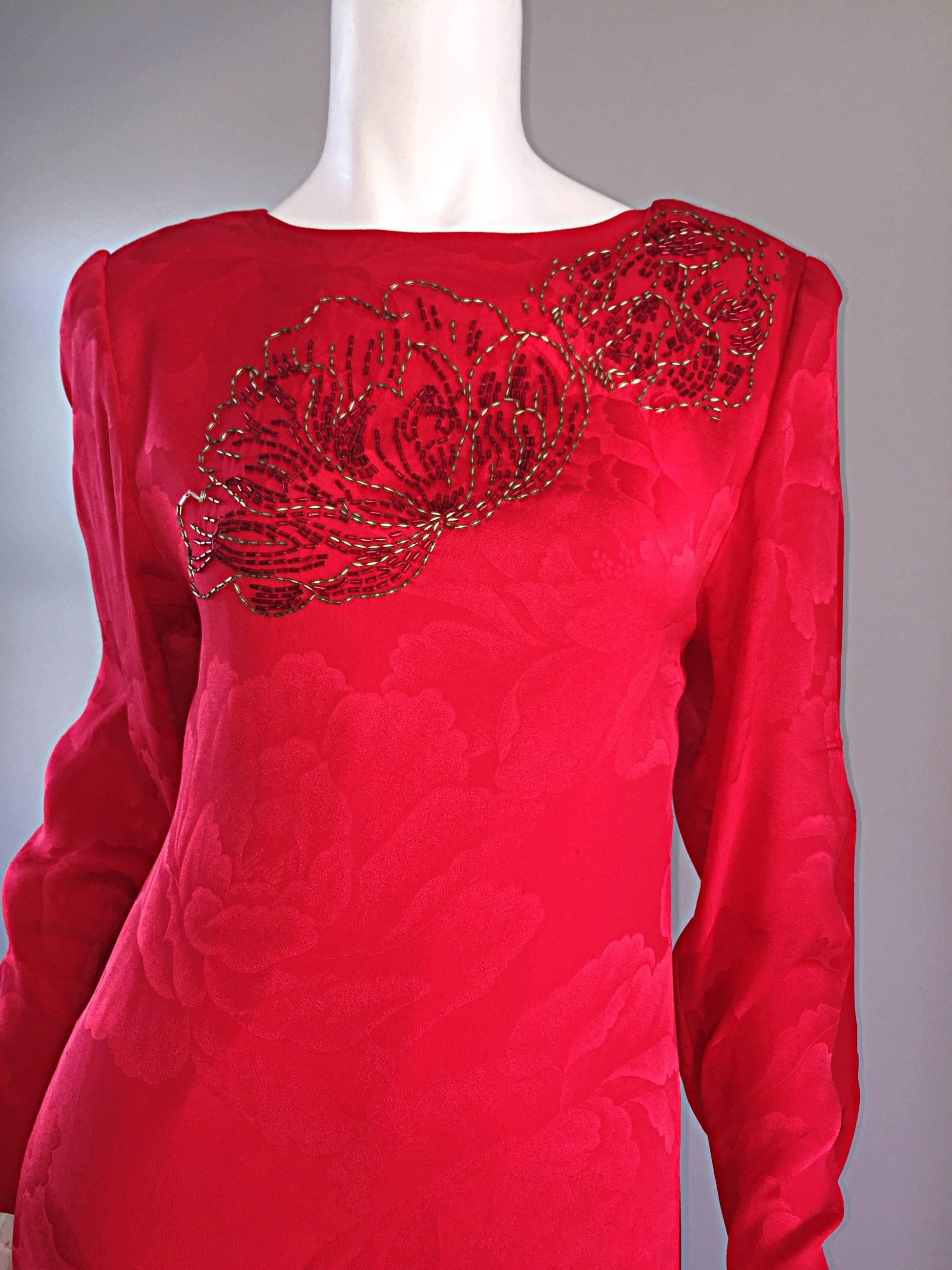 Women's Beautiful Vintage Hanae Mori Lipstick Red Silk Beaded Floral Dress / Gown