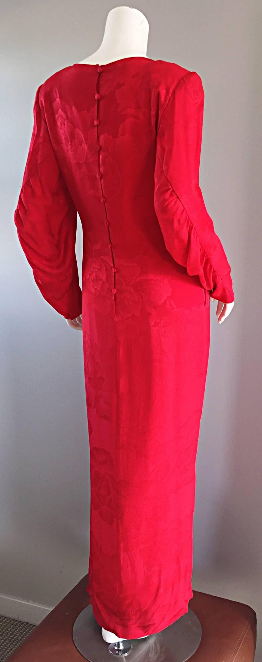 Beautiful Vintage Hanae Mori Lipstick Red Silk Beaded Floral Dress / Gown In Excellent Condition In San Diego, CA