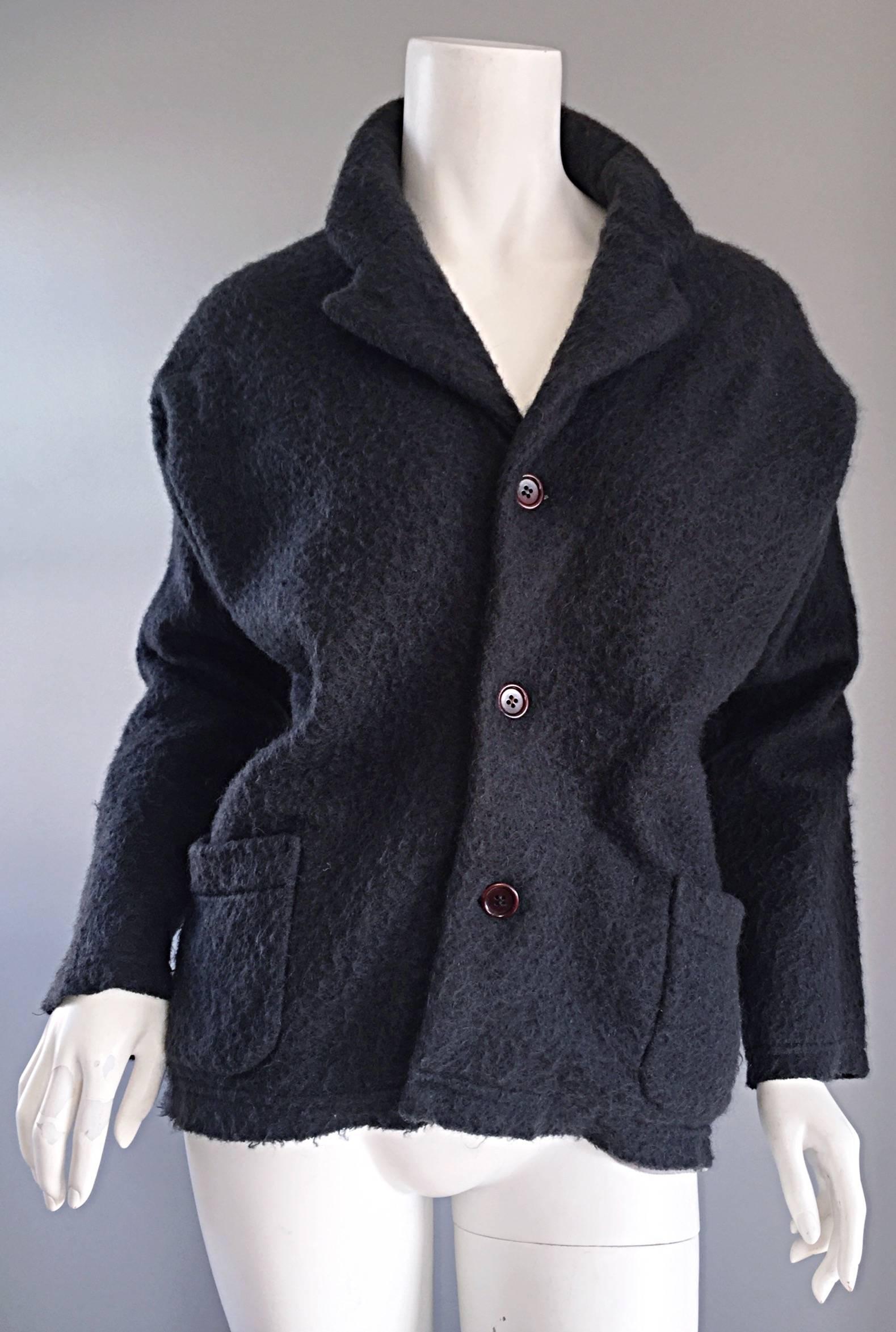 Signature vintage early 90s COMME DES GARCONS charcoal gray mohair blazer jacket! Avant Garde feel, with an asymmetrical cut that only Rei Kawakubo could produce! Effortlessly chic, with so much style, all the while being extremely cozy and