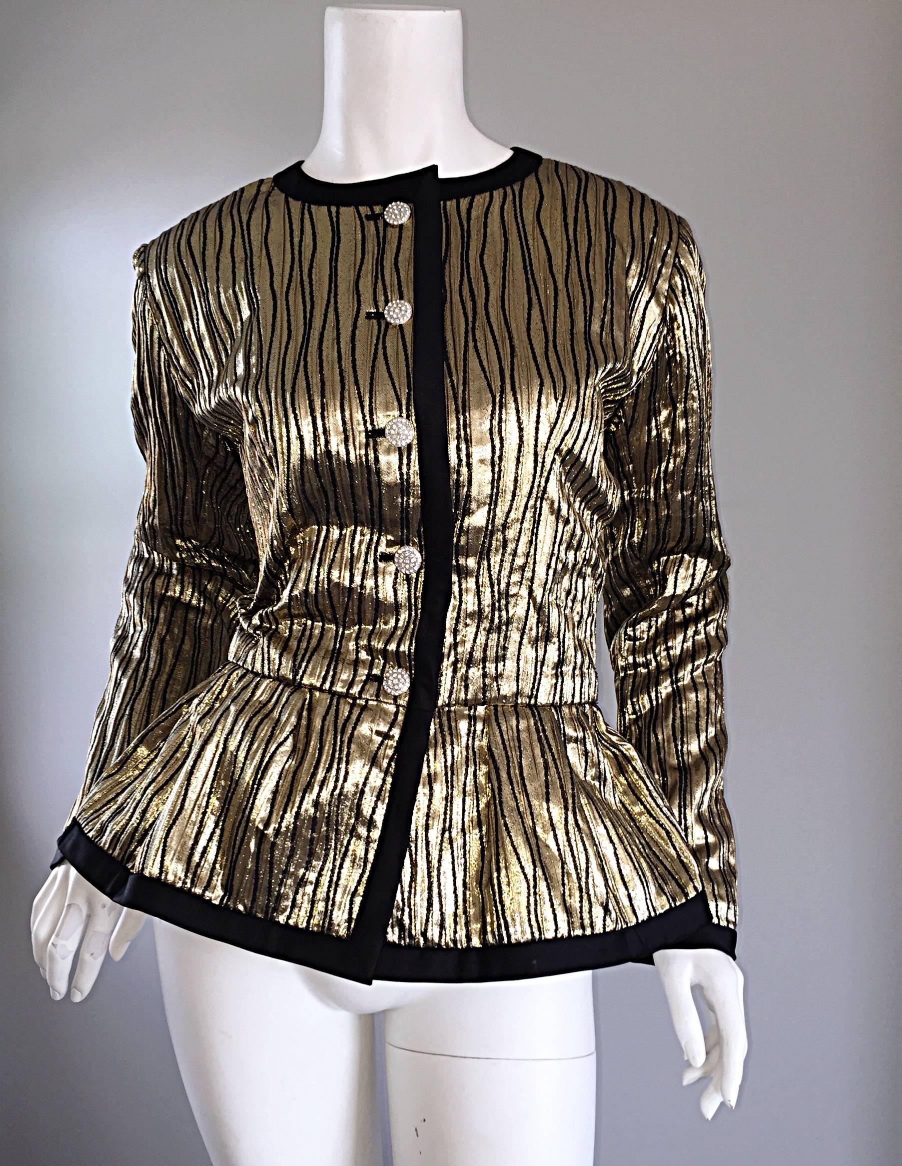 Superb vintage YVES SAINT LAURENT 'Rive Gauche' gold and black silk metallic jacket! Every ounce of this lovely jacket just screams INCREDIBLE!!! Rhinestone buttons up the bodice, with a spare on included on the interior. Features a peplum at the