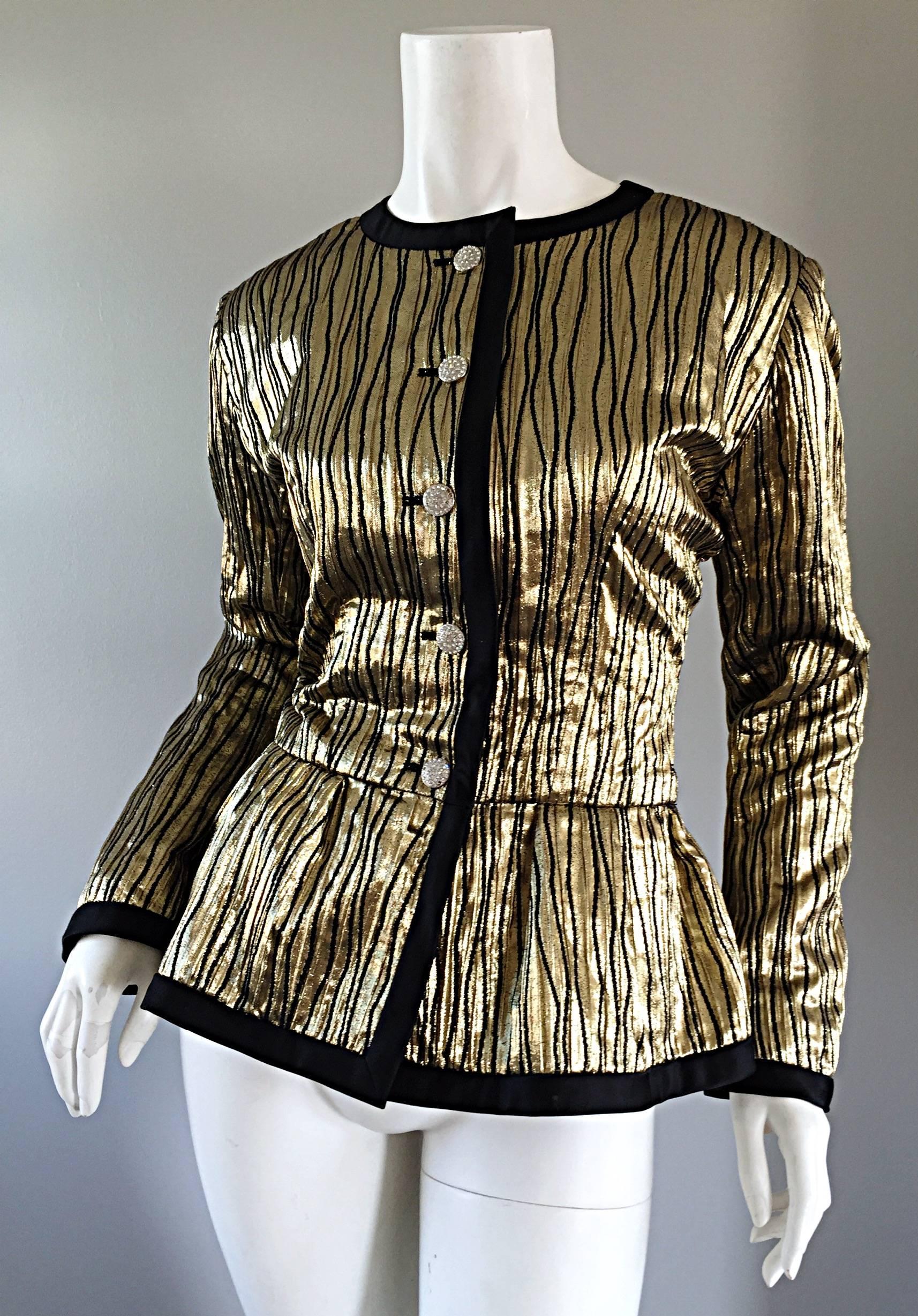 Vintage Yves Saint Laurent YSL Rive Gauche Gold + Black Beautiful Silk Jacket In Excellent Condition In San Diego, CA
