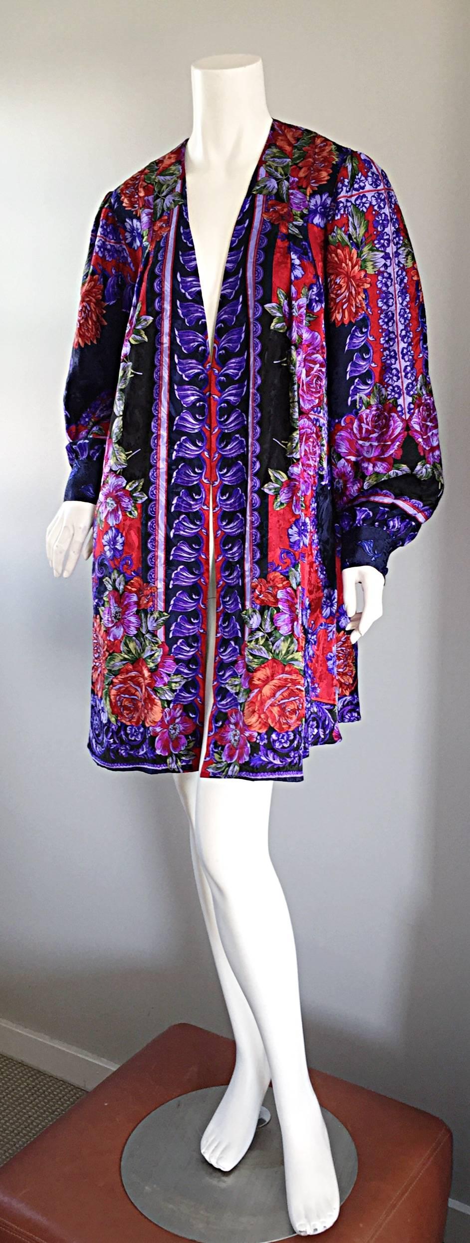 Women's Vintage Diane Freis Colorful Silk Boho Floral Open Front Kimono Jacket