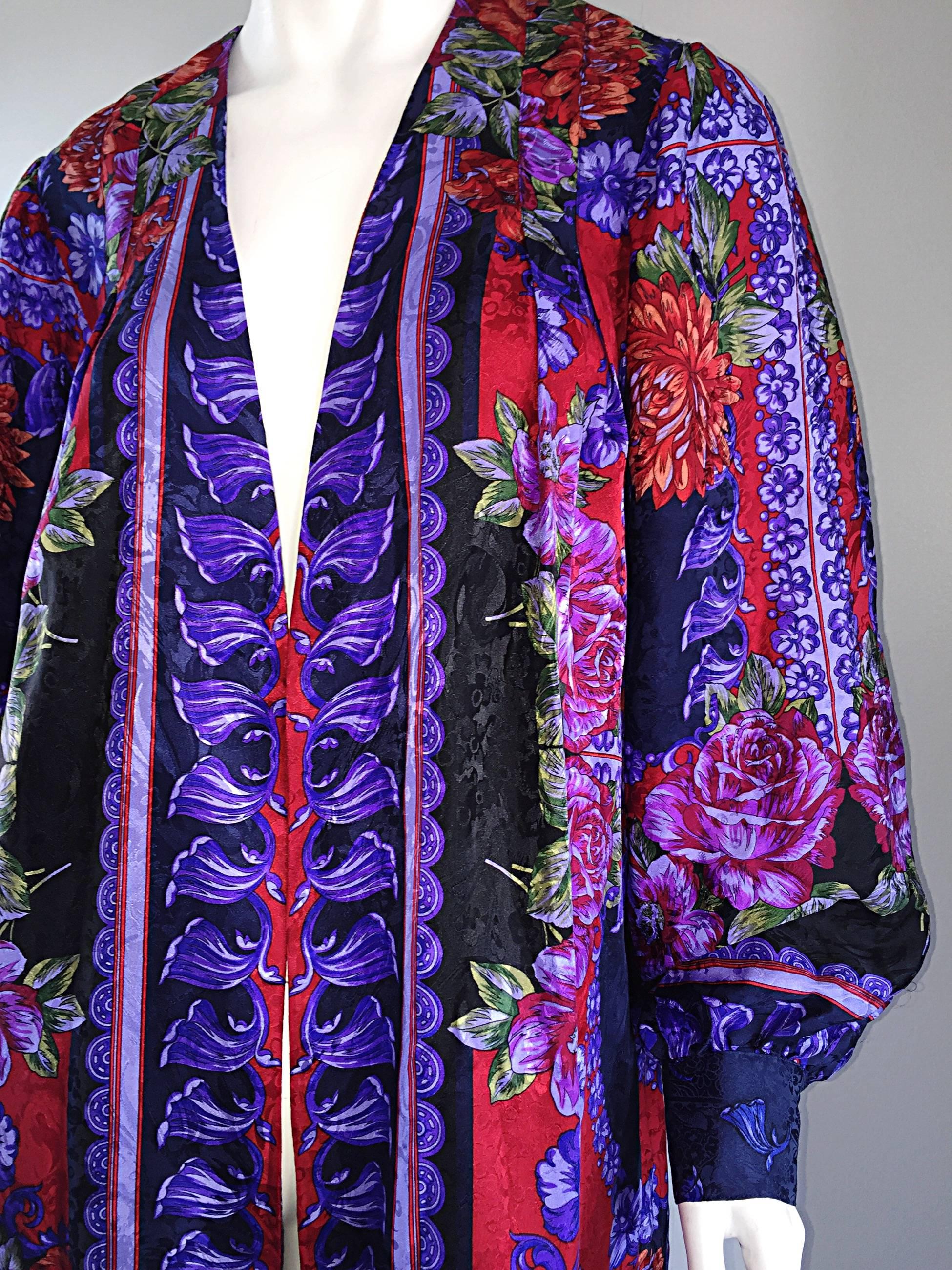 Purple Vintage Diane Freis Colorful Silk Boho Floral Open Front Kimono Jacket