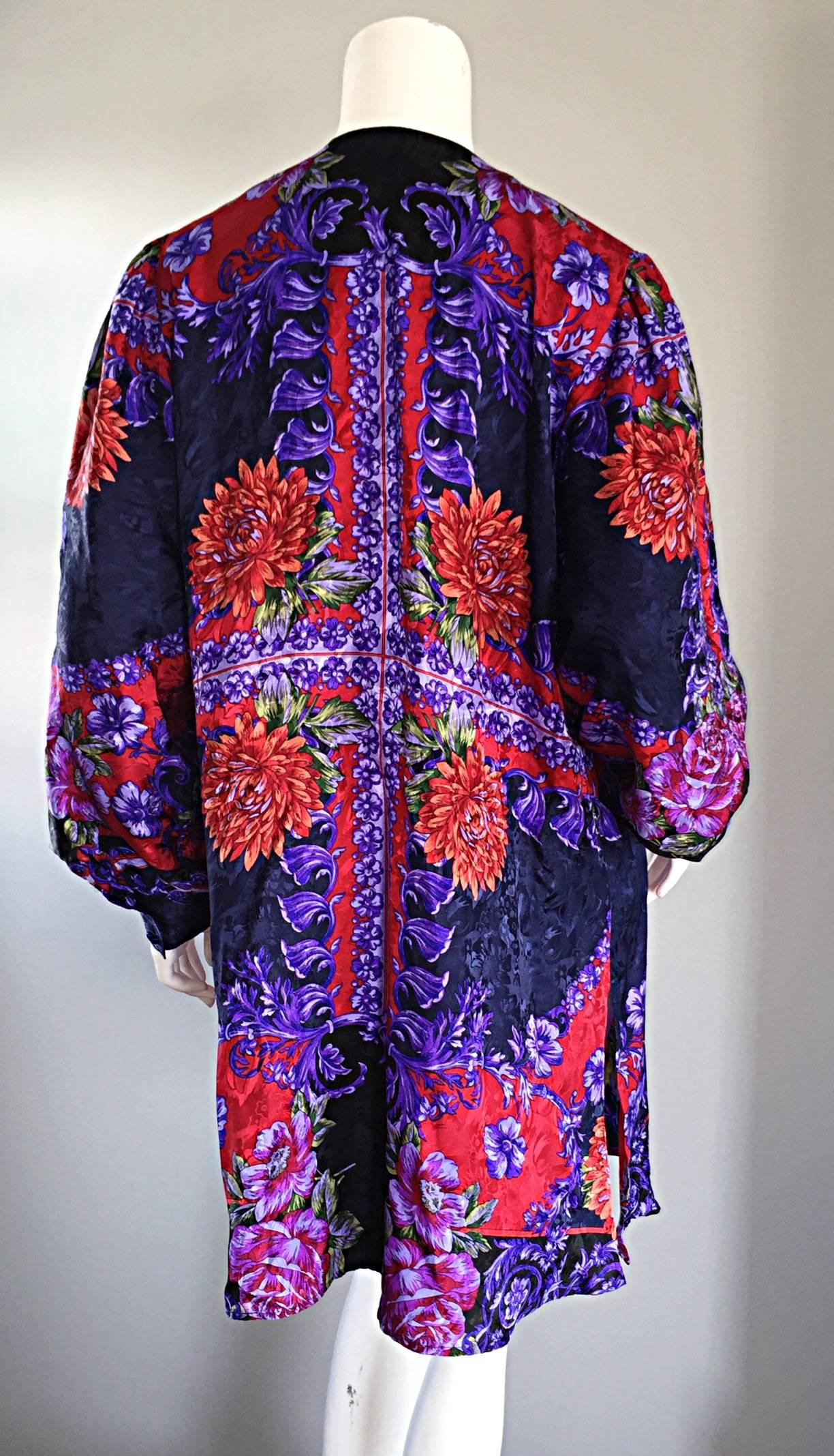Vintage Diane Freis Colorful Silk Boho Floral Open Front Kimono Jacket 2