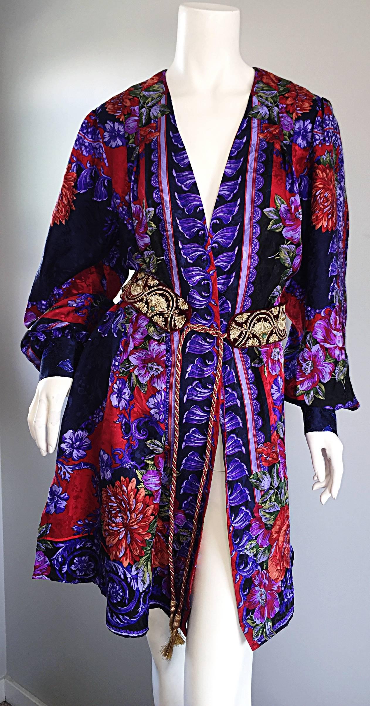 Vintage Diane Freis Colorful Silk Boho Floral Open Front Kimono Jacket 1