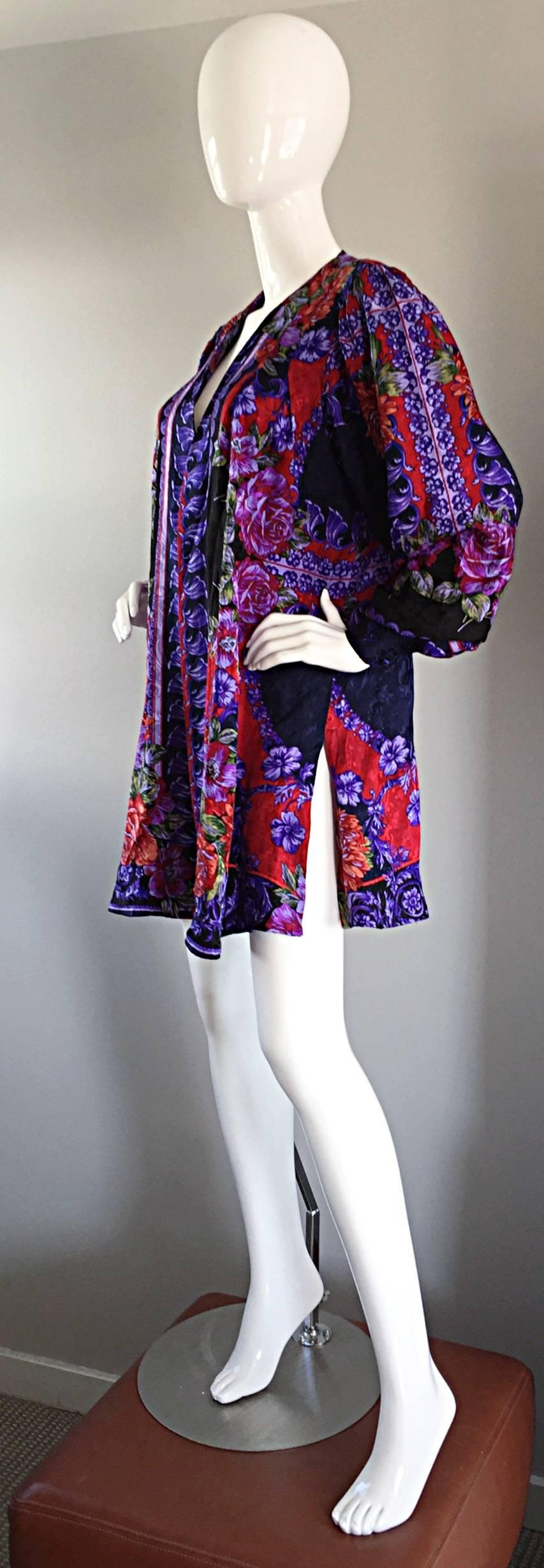 Vintage Diane Freis Colorful Silk Boho Floral Open Front Kimono Jacket In Excellent Condition In San Diego, CA