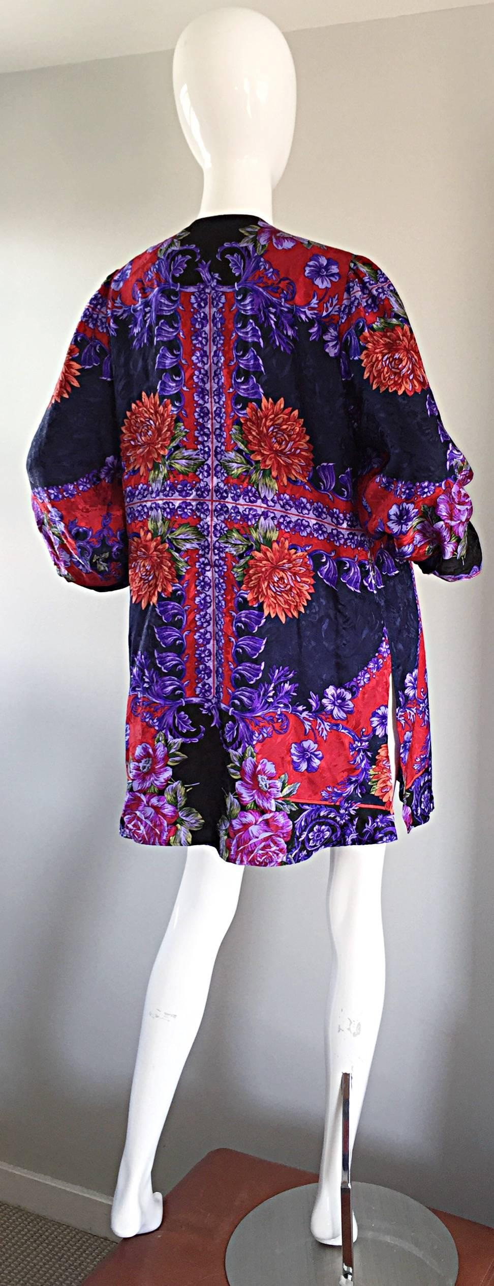 Vintage Diane Freis Colorful Silk Boho Floral Open Front Kimono Jacket 4