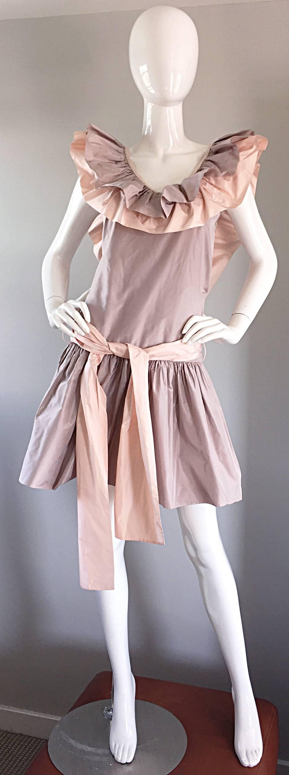 Brown Chris Van Wyk Vintage 1980s Lavender + Pink Silk Taffeta Avant Garde 80s Dress 