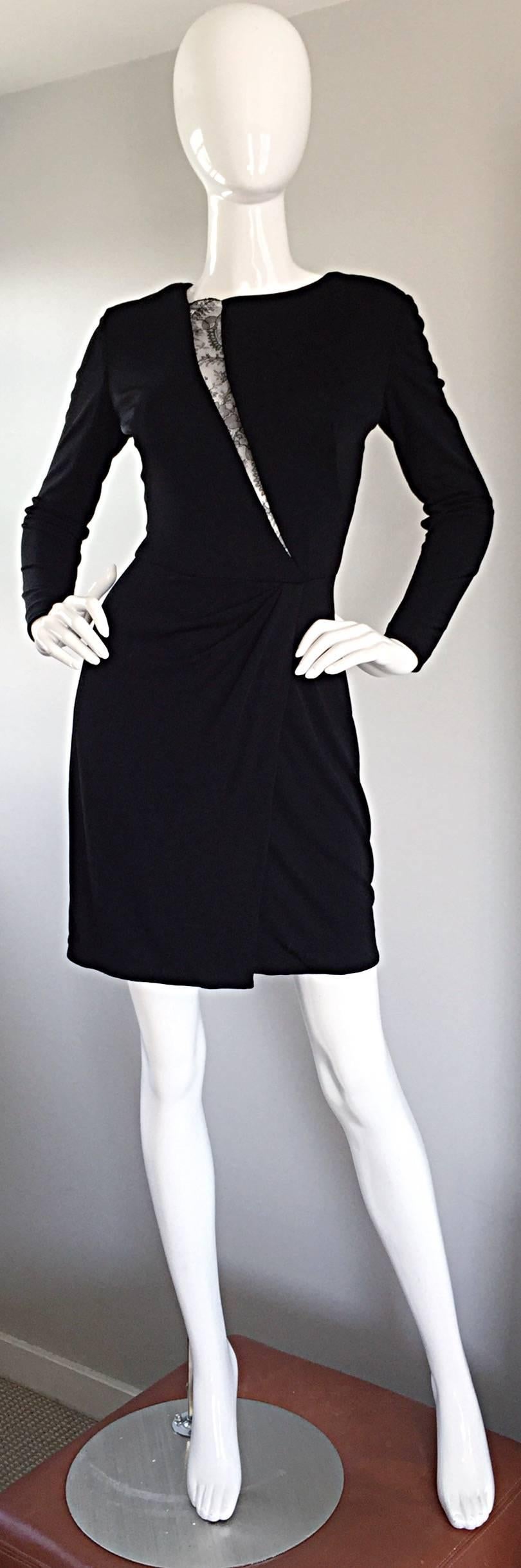 Beautiful Vintage Vicky Tiel Couture Black Jersey Ruched Dress w/ Lace Cut - Out For Sale 3