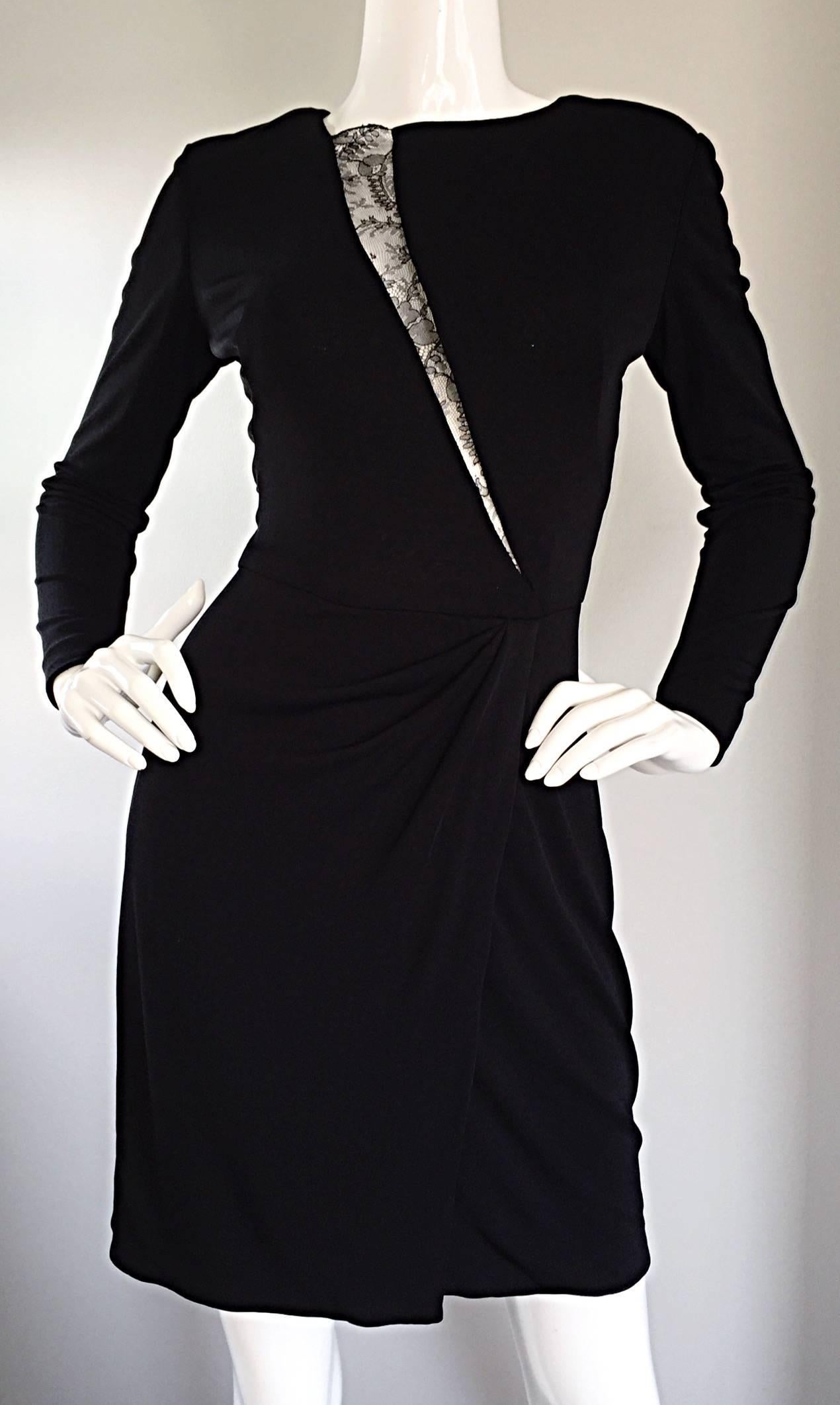 Women's Beautiful Vintage Vicky Tiel Couture Black Jersey Ruched Dress w/ Lace Cut - Out For Sale