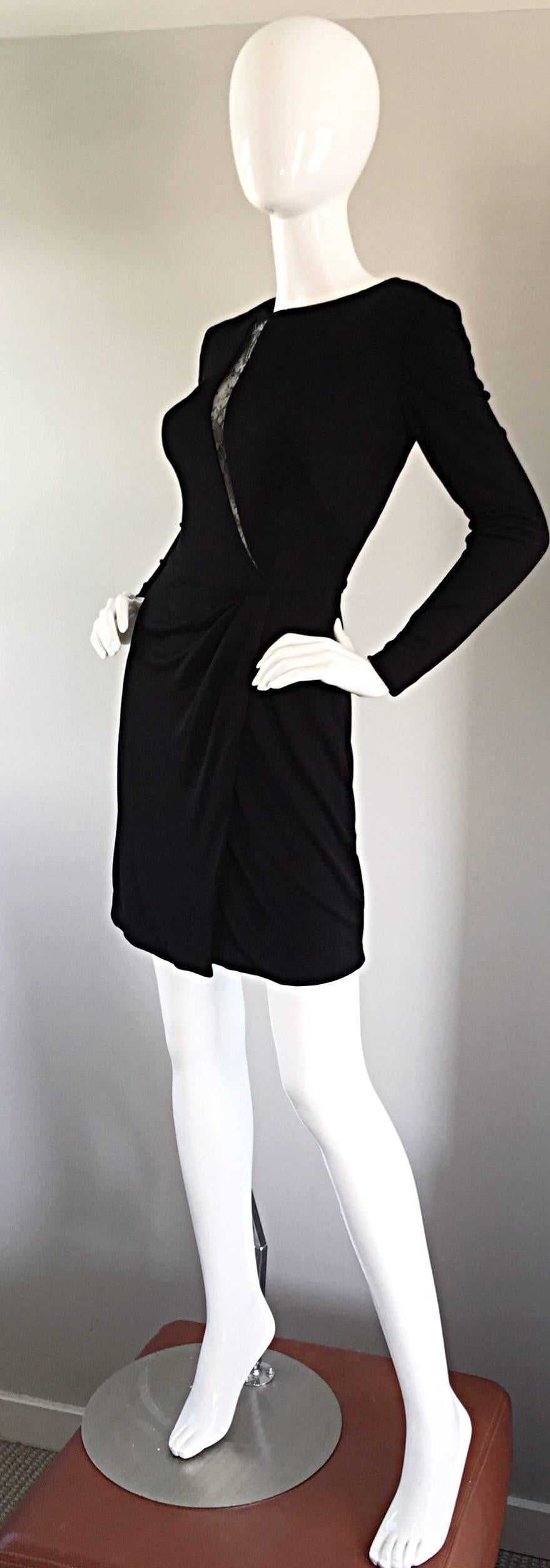 Beautiful Vintage Vicky Tiel Couture Black Jersey Ruched Dress w/ Lace Cut - Out For Sale 1