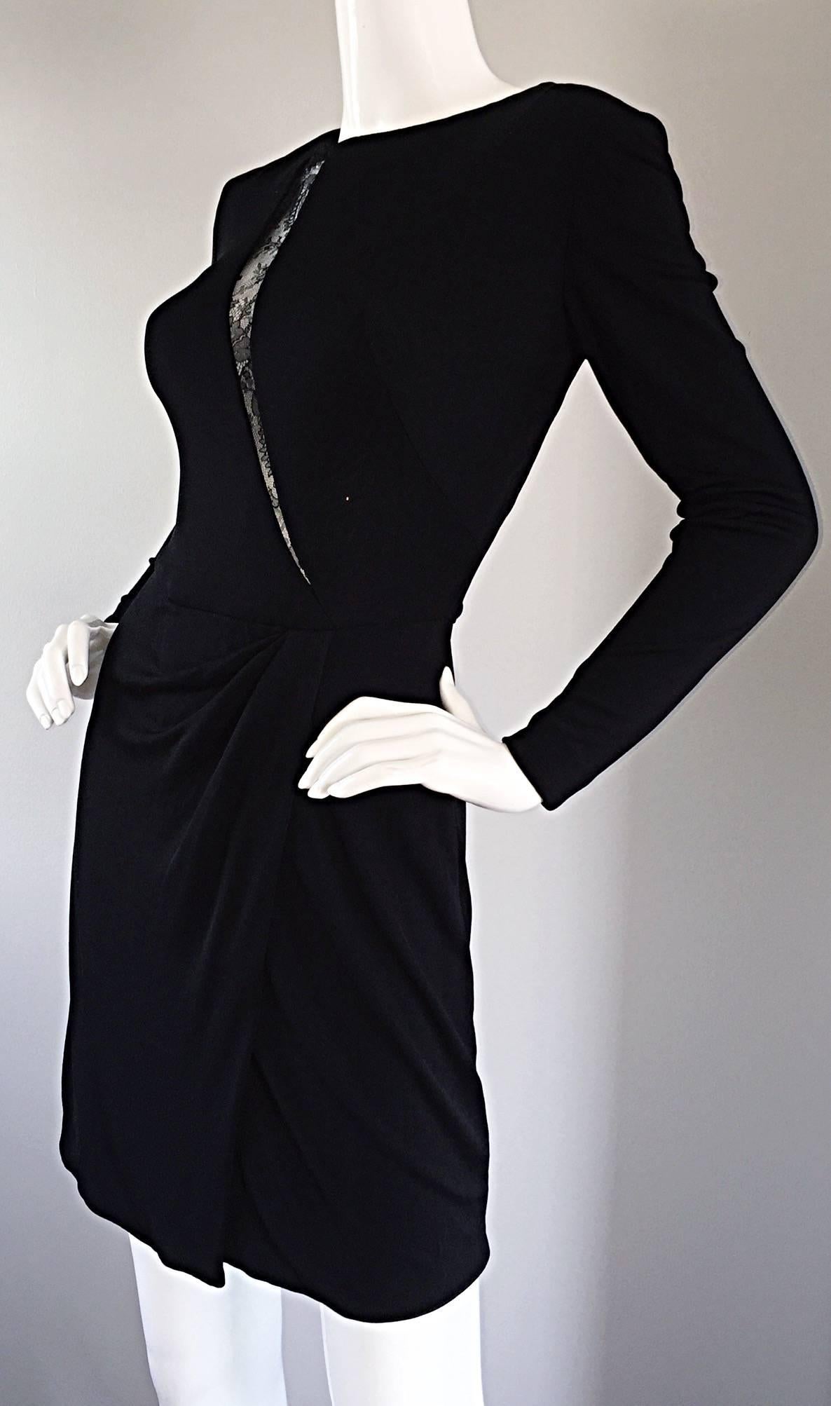 Beautiful Vintage Vicky Tiel Couture Black Jersey Ruched Dress w/ Lace Cut - Out In Excellent Condition For Sale In San Diego, CA
