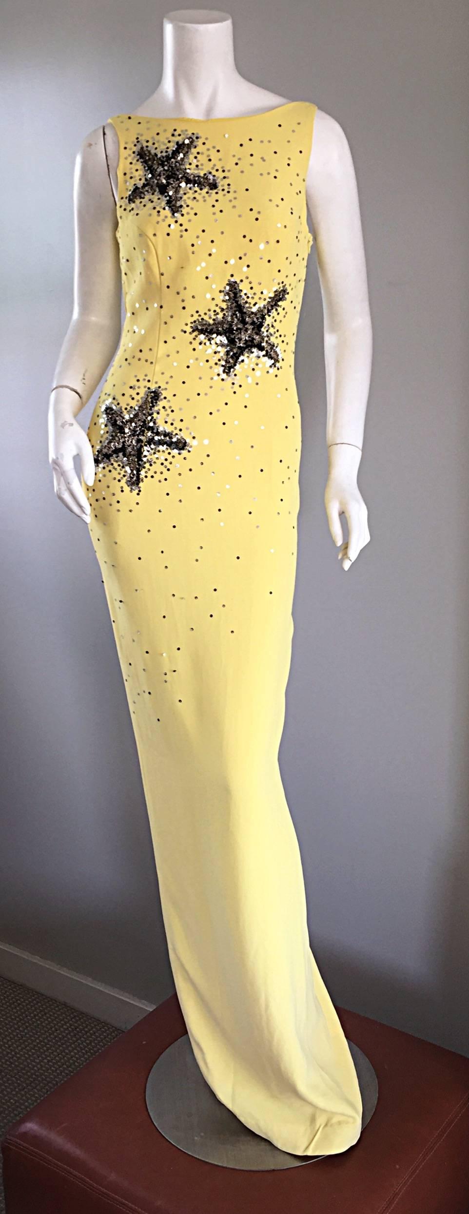 Stunning Gai Mattiolo Couture Vintage Yellow Sequined ' Starfish ' Gown / Dress 2