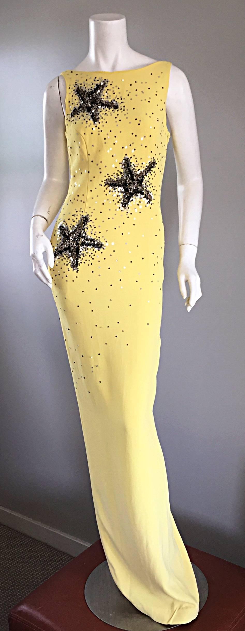 Women's Stunning Gai Mattiolo Couture Vintage Yellow Sequined ' Starfish ' Gown / Dress