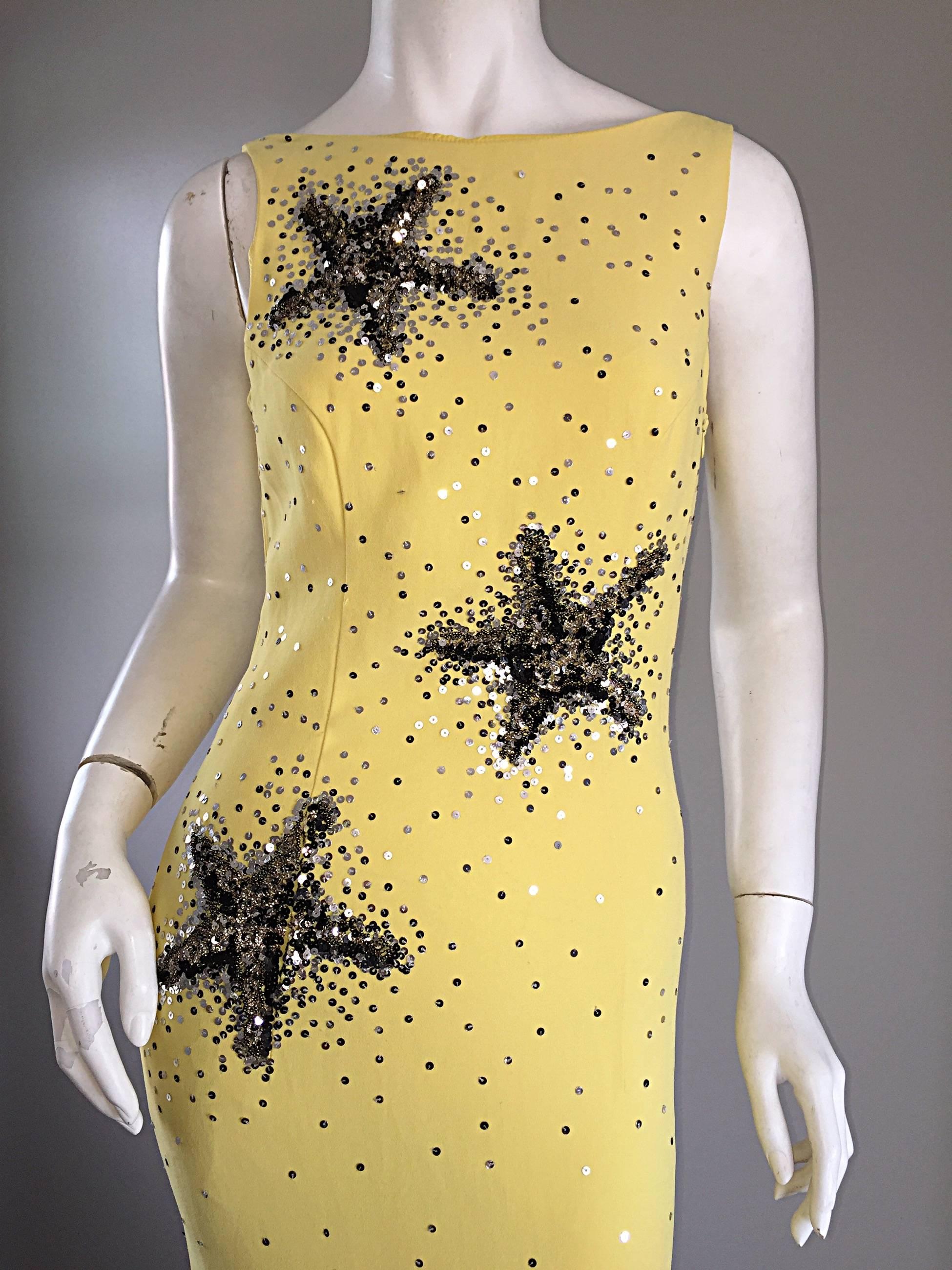 Stunning Gai Mattiolo Couture Vintage Yellow Sequined ' Starfish ' Gown / Dress 1