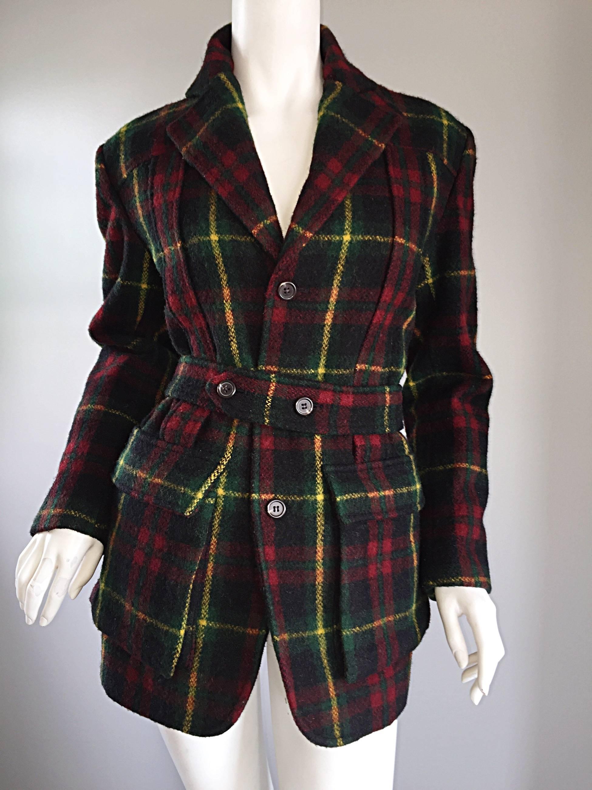 Classic Vintage Ralph Lauren ' Blue Label ' Tartan Plaid Belted Wool Car Coat In Excellent Condition In San Diego, CA