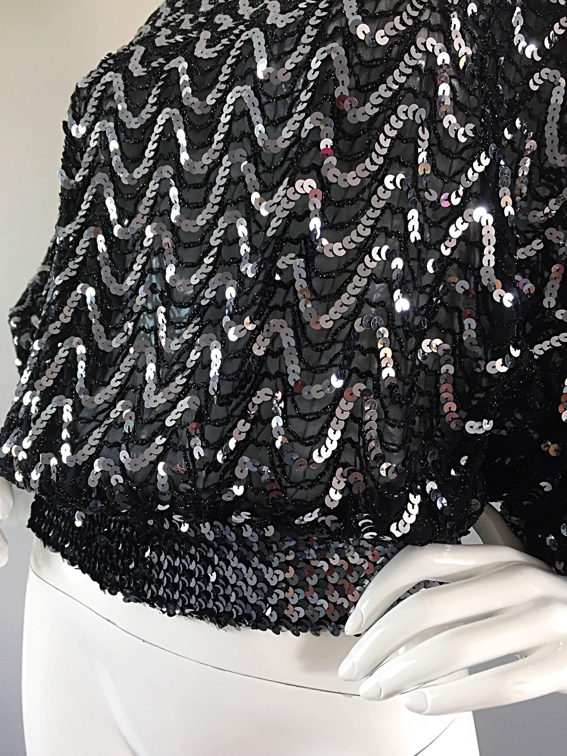 Vintage Jeanette Kastenberg 1980s St Martin Black Silver Sequin 80s Silk Blouse  In Excellent Condition For Sale In San Diego, CA