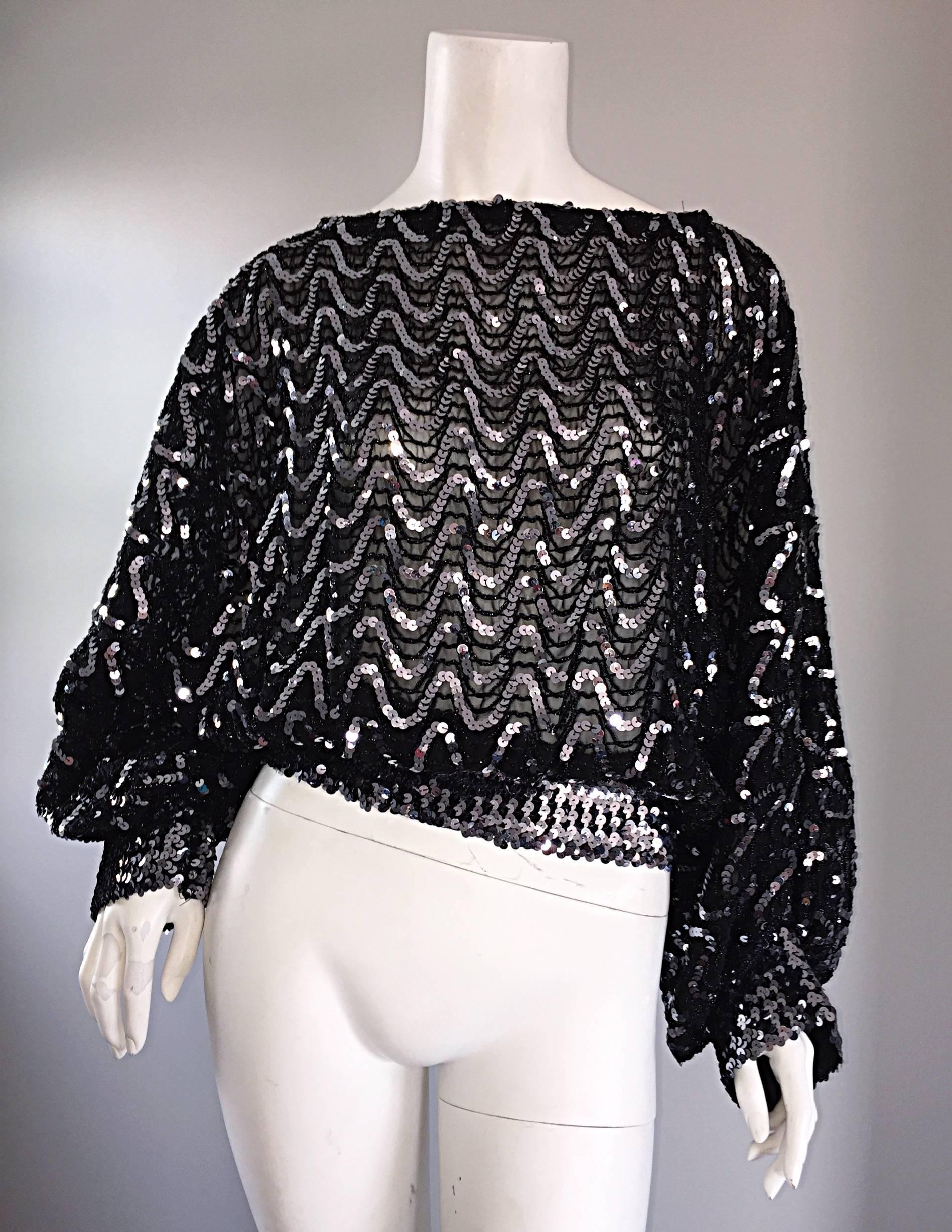 Vintage Jeanette Kastenberg 1980 St Martin Black Silver Sequin 80s Silk Blouse Pour femmes en vente