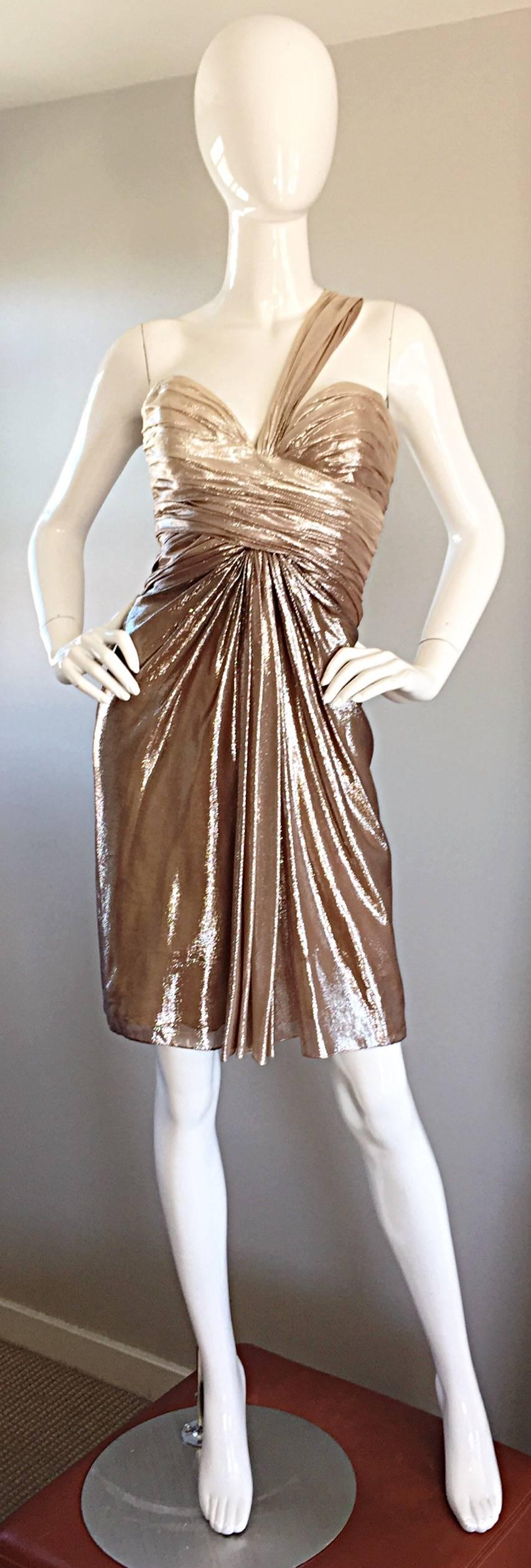 Women's New Pamella Roland Size 6 Gold Ombre Metallic One Shoulder Grecian Silk Dress For Sale