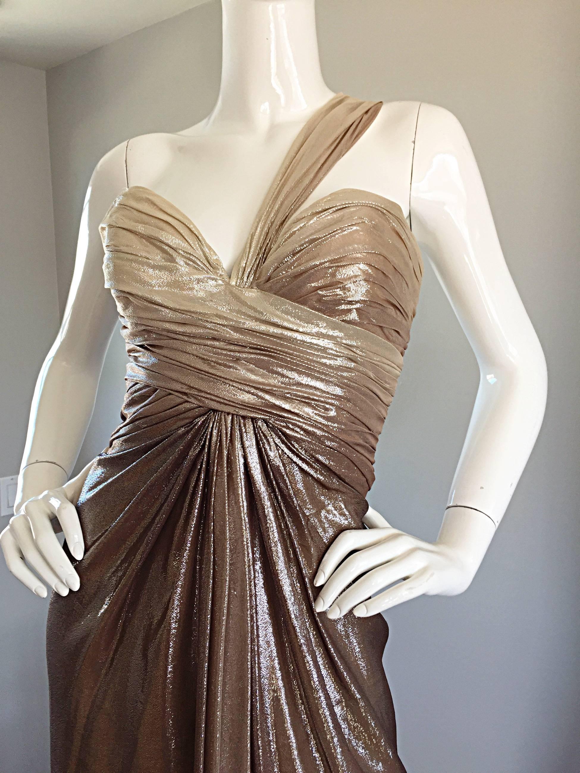 Brown New Pamella Roland Size 6 Gold Ombre Metallic One Shoulder Grecian Silk Dress For Sale