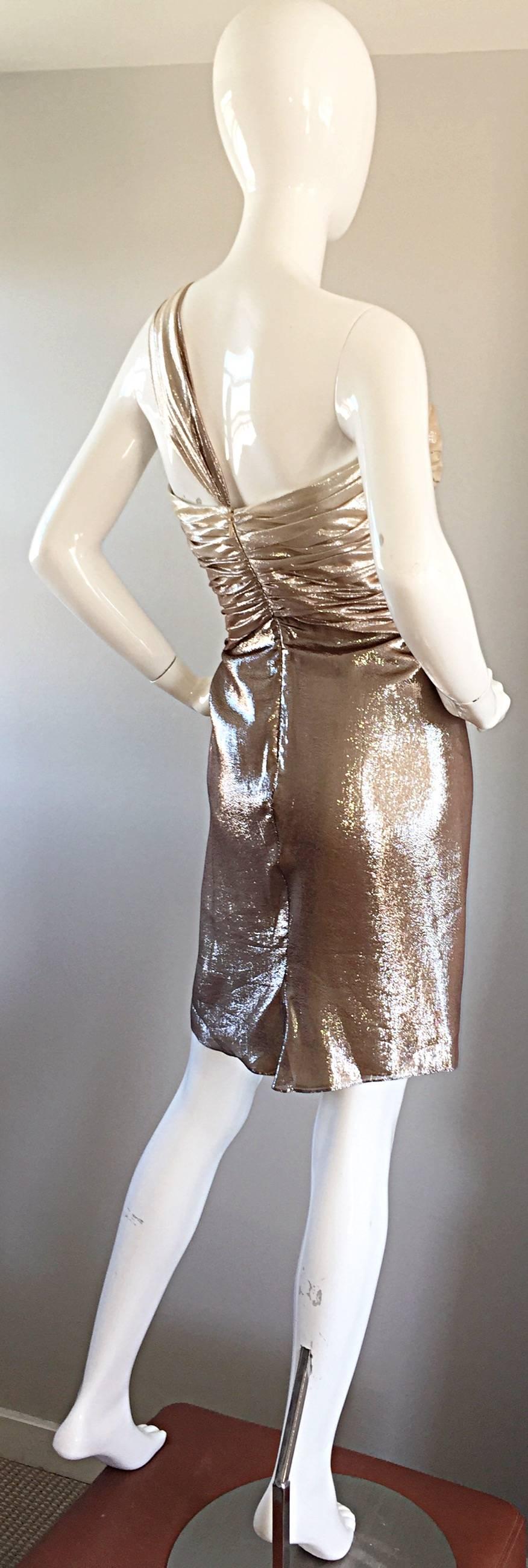 New Pamella Roland Size 6 Gold Ombre Metallic One Shoulder Grecian Silk Dress In Excellent Condition For Sale In San Diego, CA