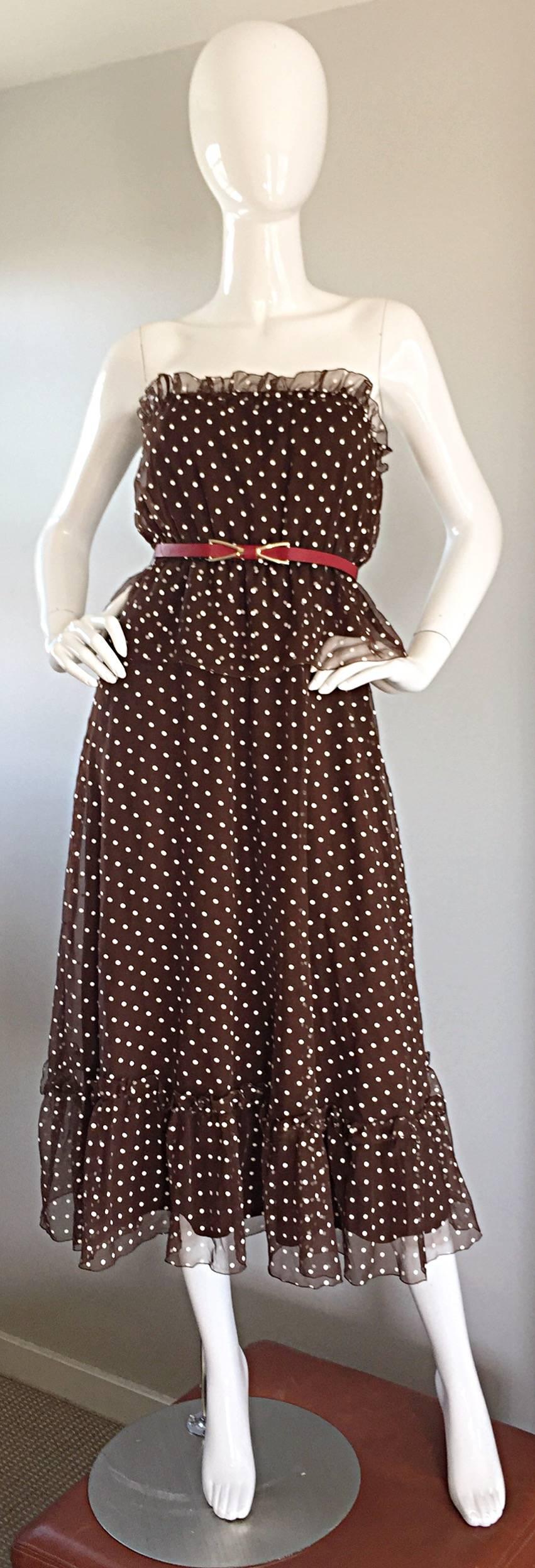 Chic vintage (late 1970s early 1980s) PAT RICHARDS for BULLOCKS WILSHIRE brown and white polka dot dress, with original detachable red 'wishbone' leather belt! Features a chiffon ruffled bust, hem, with a peplum at waist. Can be worn with straps, or