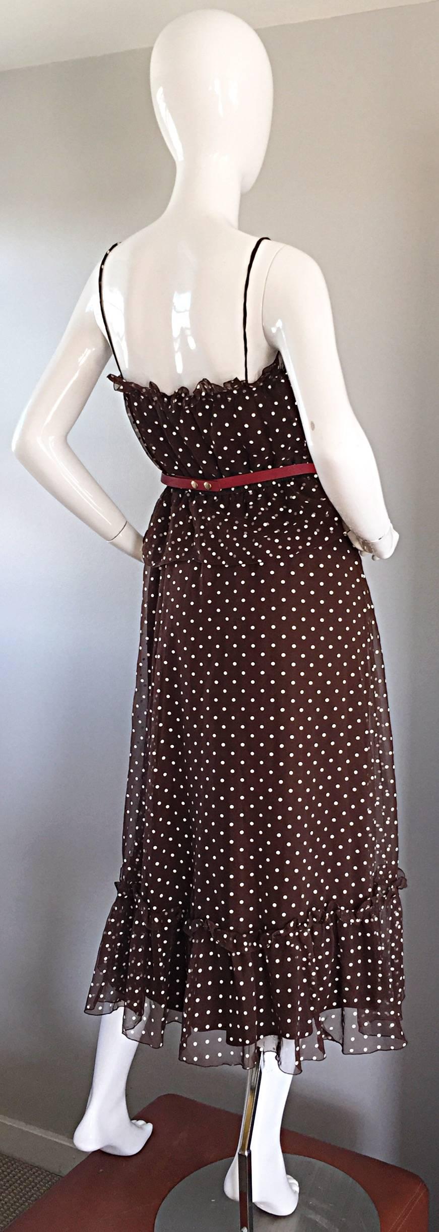 Vintage Pat Richards for Bullocks Wilshire Brown & White Polka Dot Belted Dress  In Excellent Condition In San Diego, CA