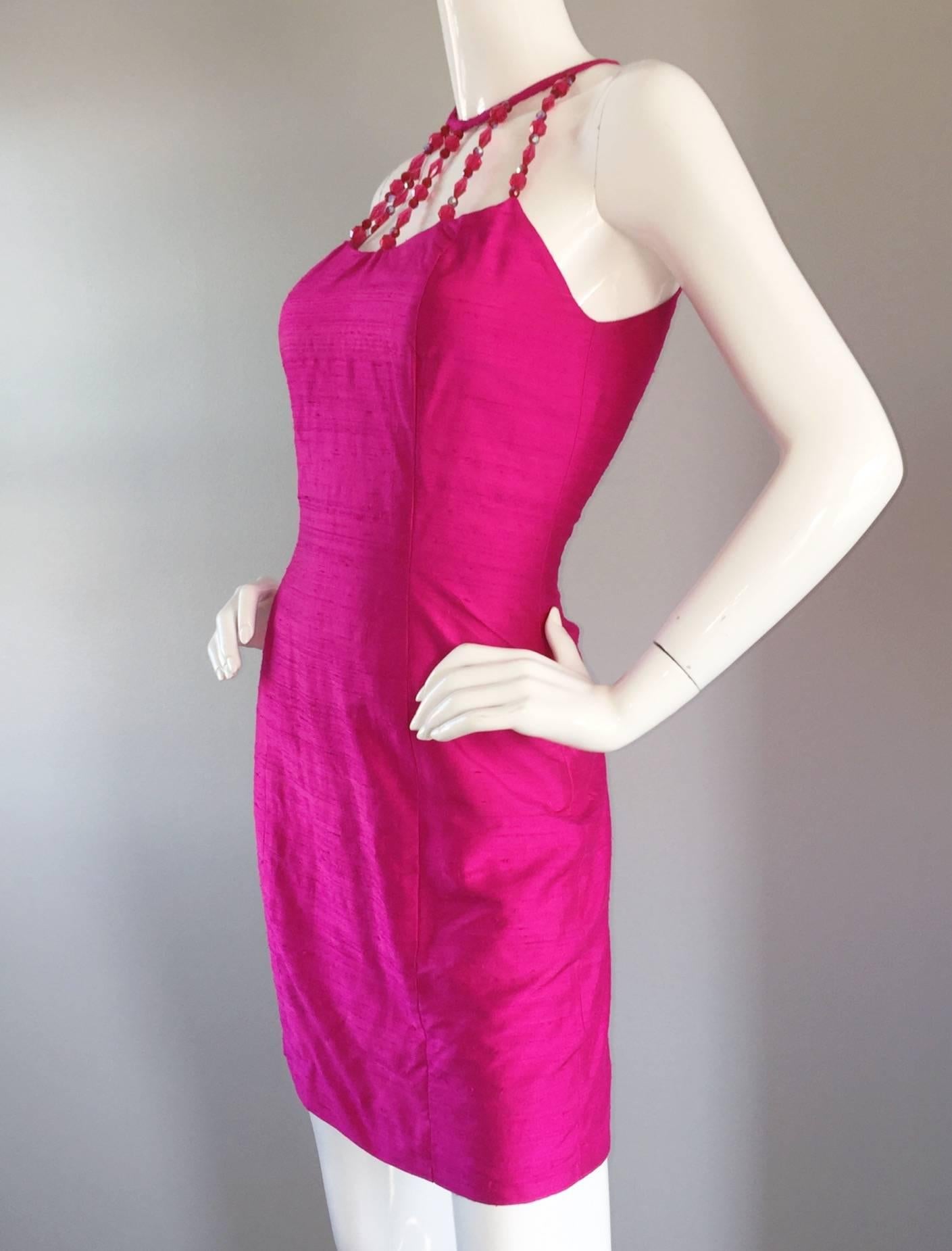 Women's Sexy Vintage Nicole Miller 1990s Hot Pink Fuchsia Bodycon Silk Beaded Cage Dress