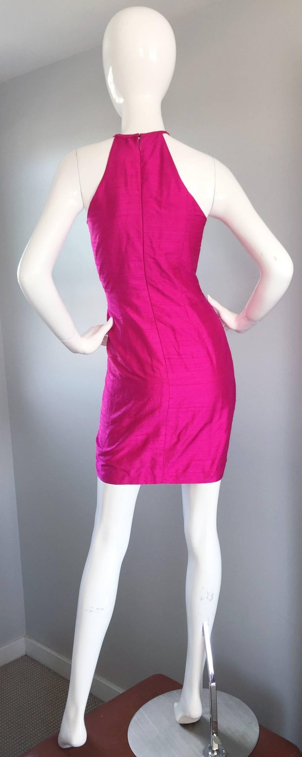 Sexy Vintage Nicole Miller 1990s Hot Pink Fuchsia Bodycon Silk Beaded Cage Dress 1